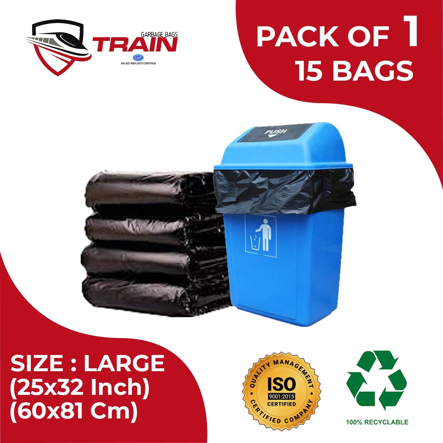Image of Train Dustbin Plastic Bag large Dustbin Bags Extra Large Dustbin Covers Large Trash Bags 15 Bags Large 65 L Garbage Bag Pack Of 15 (15Bag )