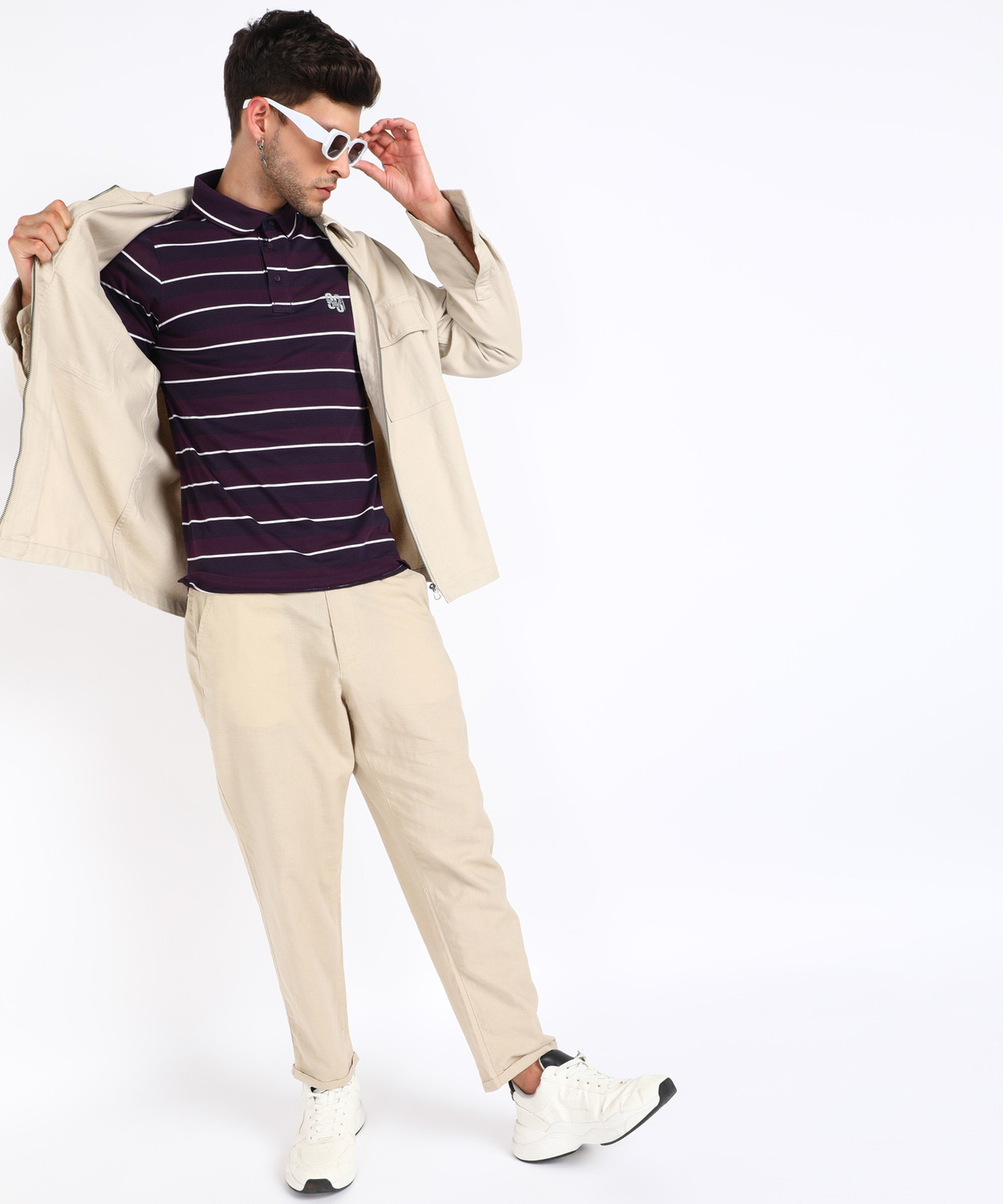 Image of LAWMAN Striped Men Polo Neck Multicolor T-Shirt