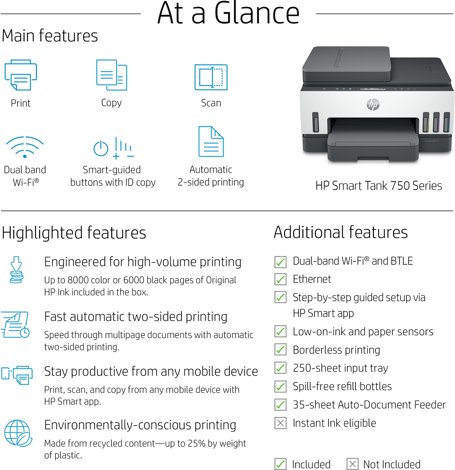 Image of HP Smart Tank 750 All-in-One Duplex Wifi High Capacity Inktank Multi-function WiFi Color Inkjet Printer (Borderless Printing) for Print /Copy /Scan with ADF (Up to 12000 Black, 8000 Colour pages of ink in box)