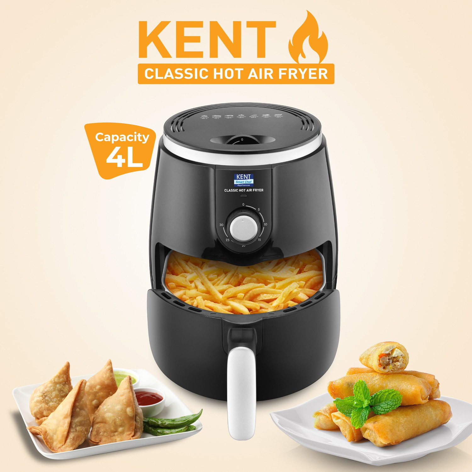 Image of KENT Classic Hot Air Fryer 4L 1300 W | 80% Less Oil | Instant Electric Air Fryer | Auto Cut Off | Fry, Grill, Roast, Steam, and Bake Air Fryer