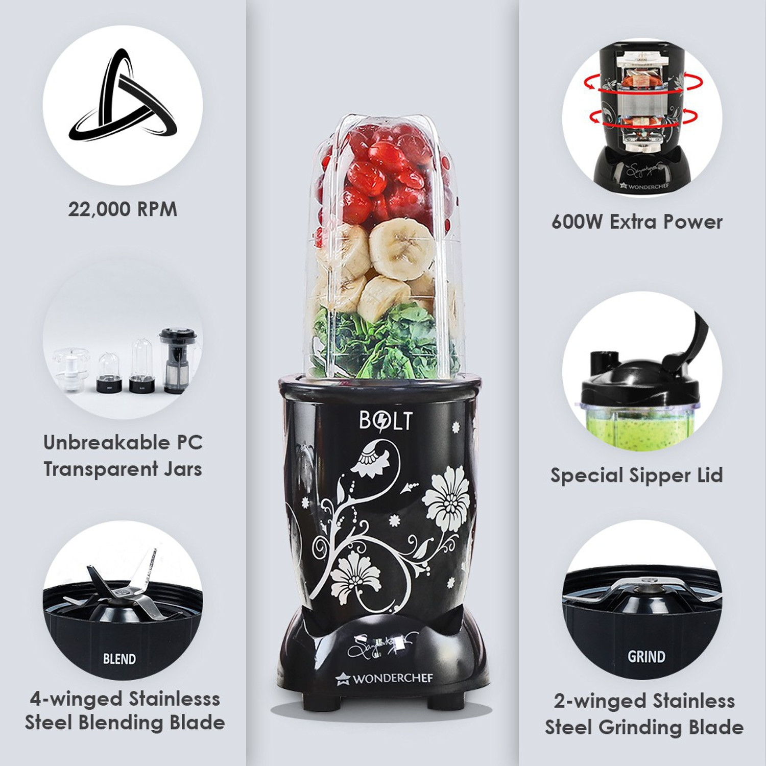 WONDERCHEF NutriBlend BOLT600W CKM Mixer With Chopper, Stronger