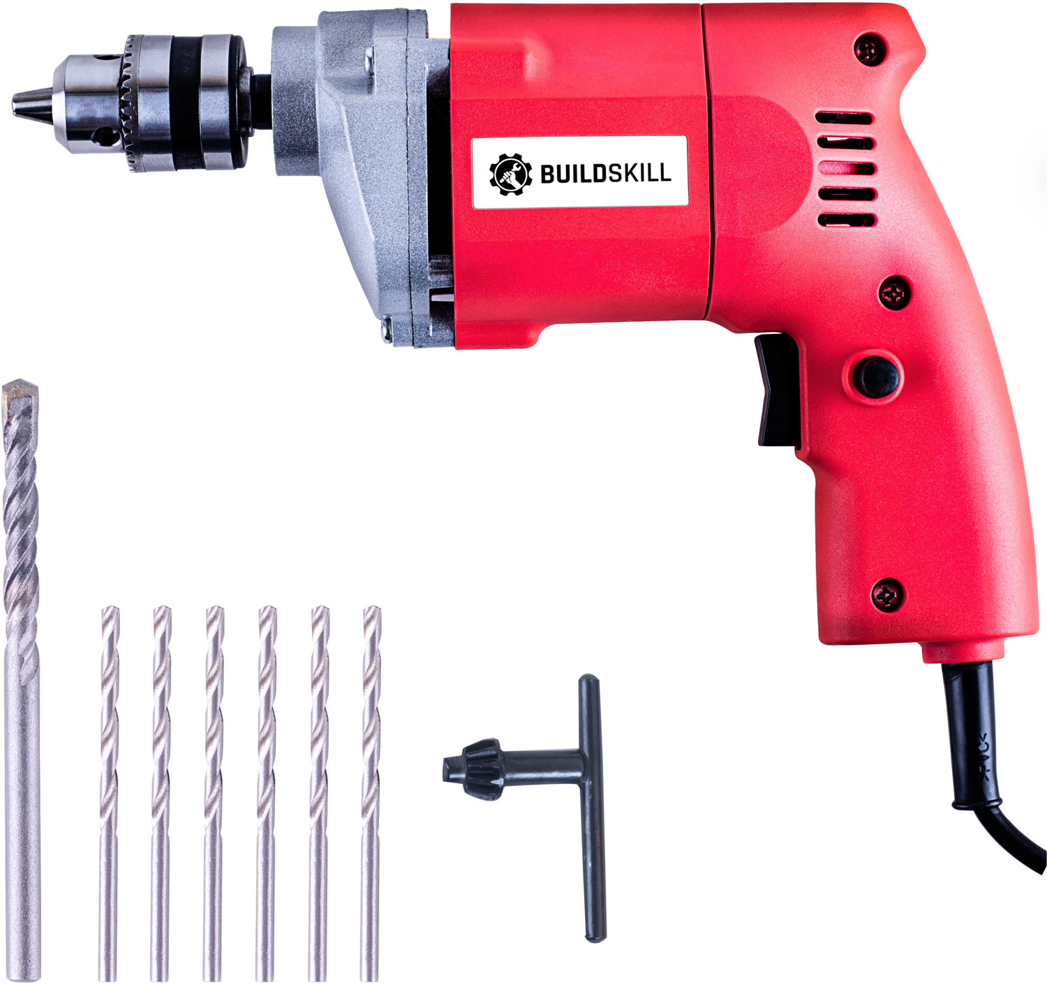 Image of BUILDSKILL 10MM Professional Powerful Heavy Drill Machine with 7 High Quality Bits BED1100 RedBits Pistol Grip Drill