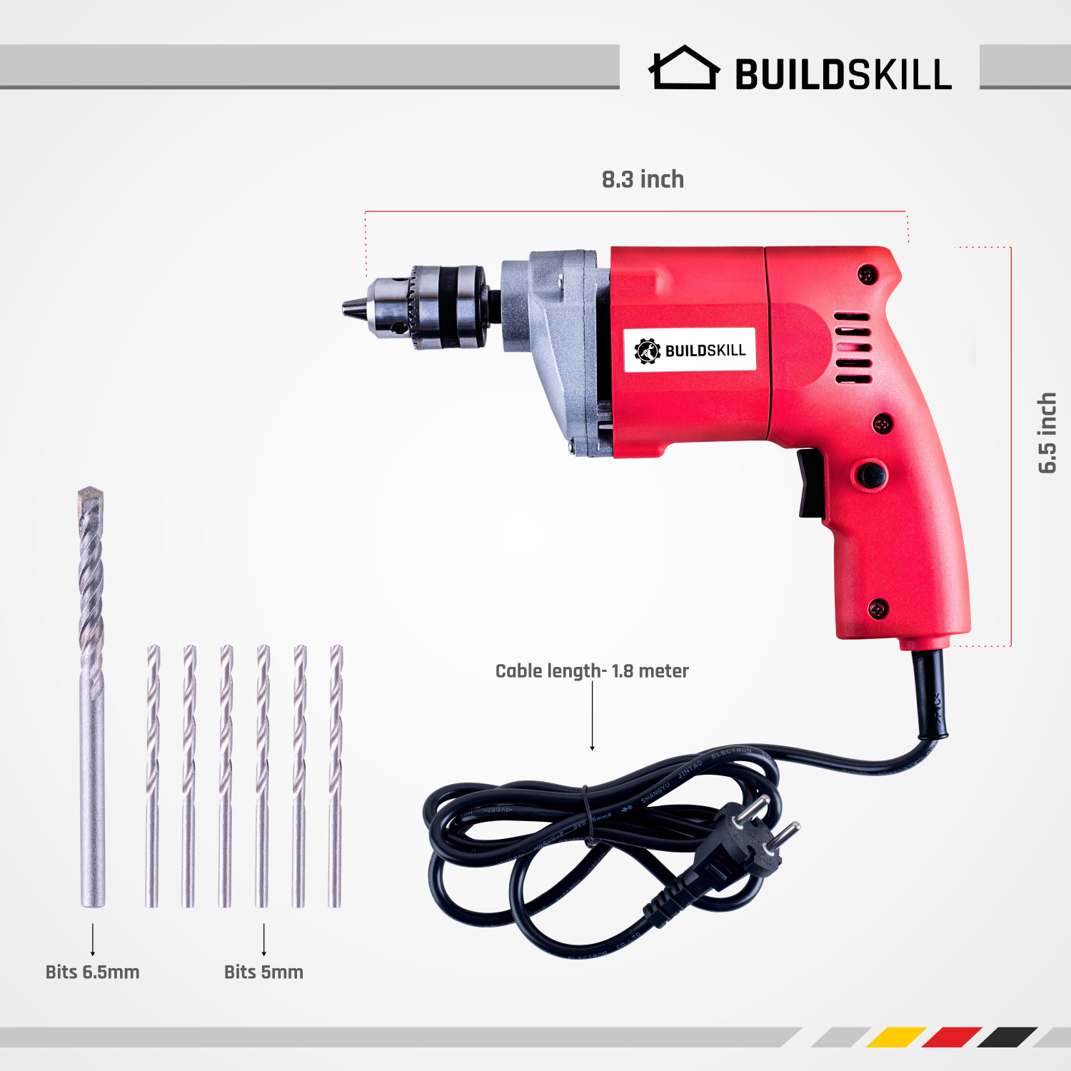 Image of BUILDSKILL 10MM Professional Powerful Heavy Drill Machine with 7 High Quality Bits BED1100 RedBits Pistol Grip Drill