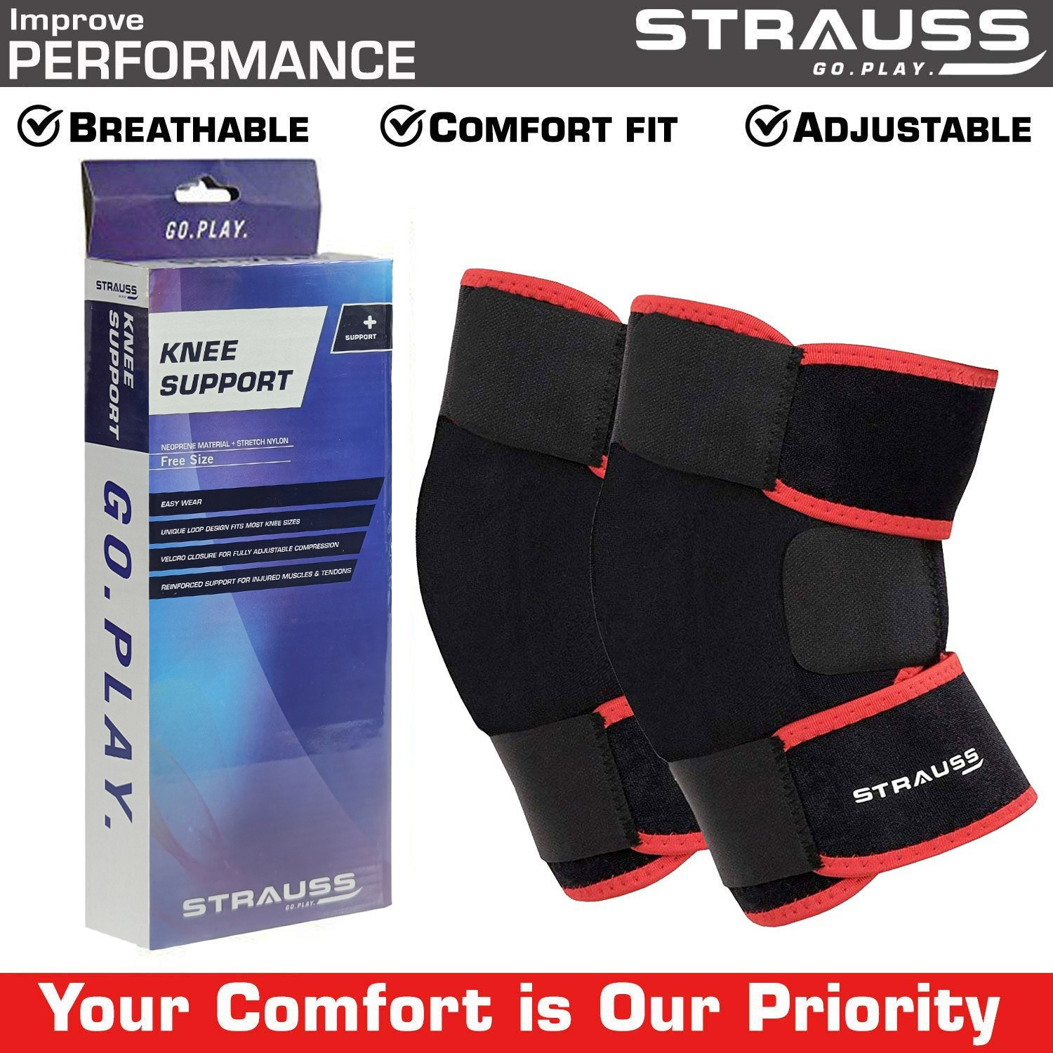 Image of Strauss Adjustable Knee Support | Knee Cap | Knee Brace | Knee Band (Pair) Knee Support