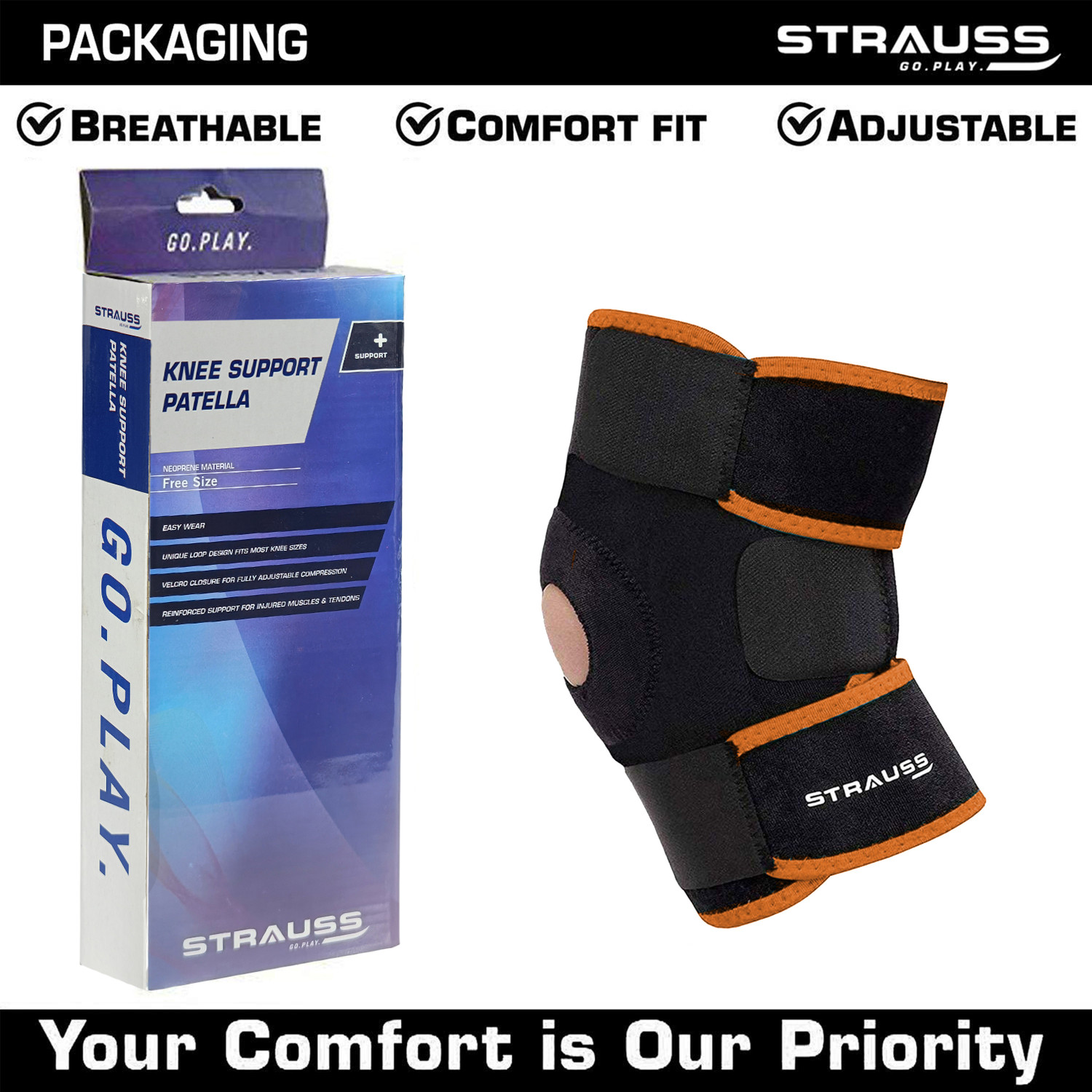 Image of Strauss Adjustable Knee Support Patella | Knee Cap | Knee Brace | Knee Band (Single) Knee Support