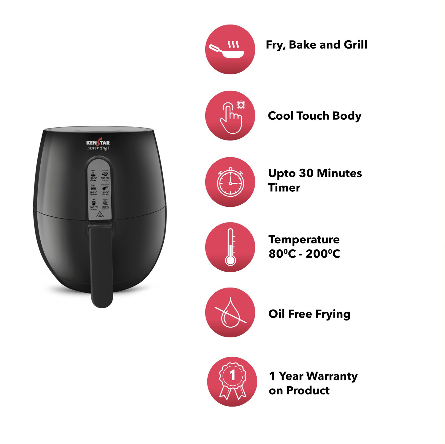 Image of Kenstar ASTER DIGI Digital with 360 High Speed Air Circulation Technology 1200 W with Non-Stick Basket Air Fryer