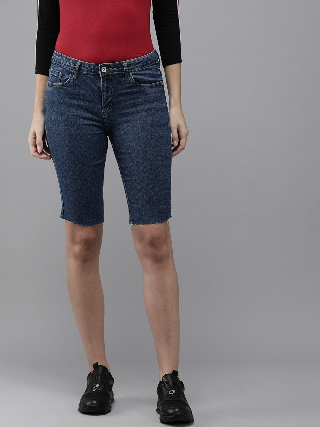 Roadster Solid Women Blue Denim Shorts Price History