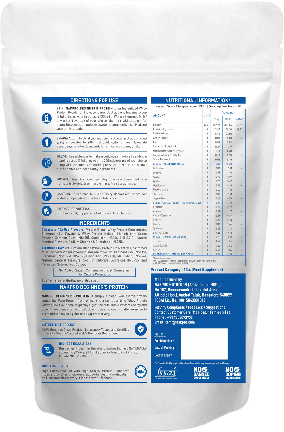 Image of Nakpro BEGINNER'S Concentrate | 13.2g Protein, 2.9g BCAA | Instant Soluble (60 Servings) Whey Protein