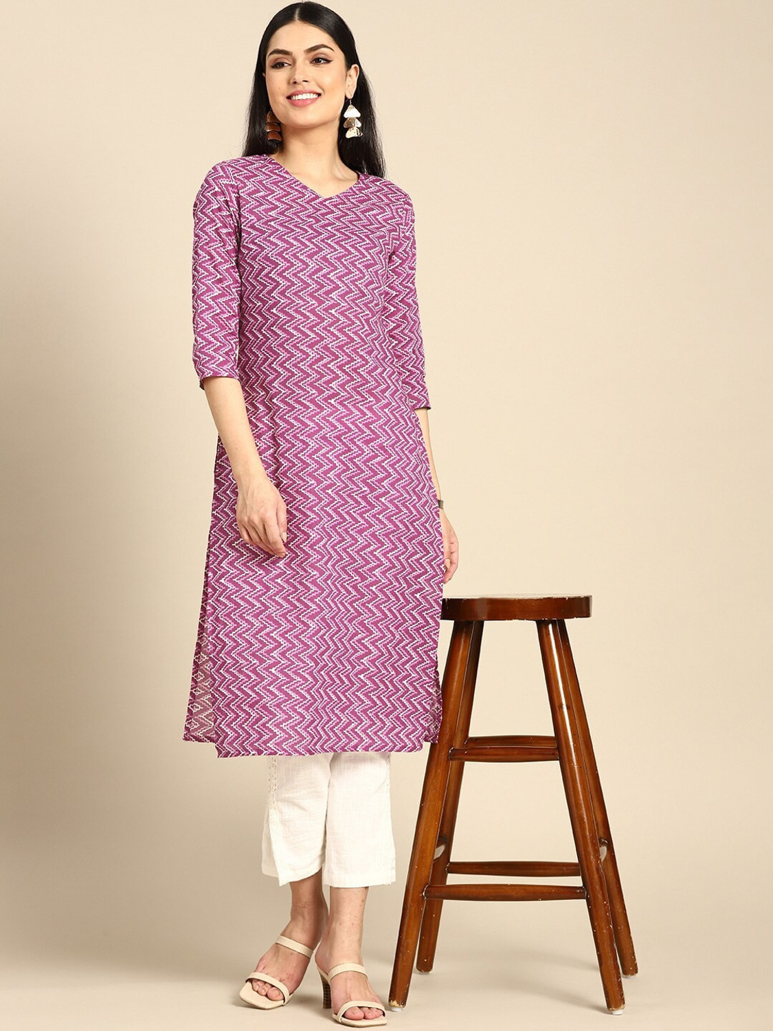 Anouk Pink Printed Straight Kurta