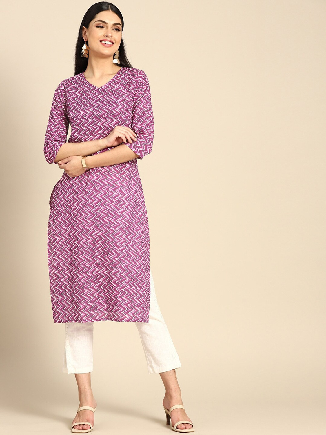 Anouk women pink deals printed straight kurta