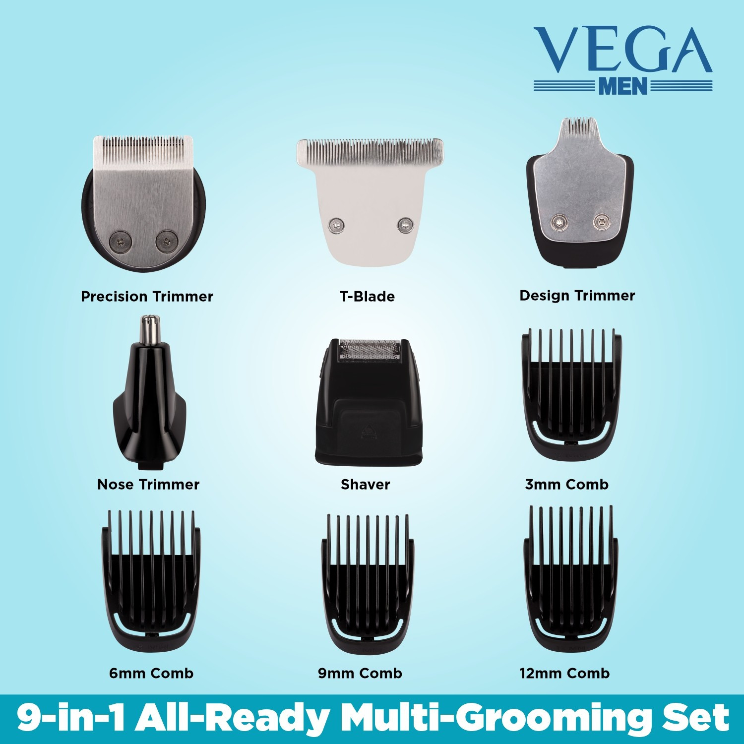 Image of VEGA 9-in-1 Multi-Grooming Set with Beard /Hair Trimmer, Nose Trimmer & Body Groomer And Shaver, (VHTH-21) Grooming Kit 80 min Runtime 4 Length Settings