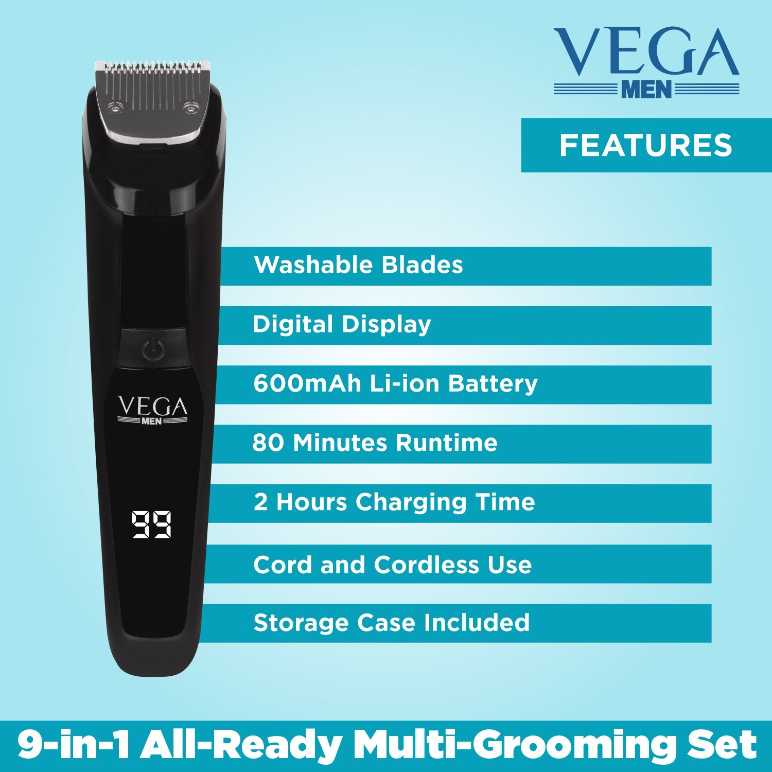 Image of VEGA 9-in-1 Multi-Grooming Set with Beard /Hair Trimmer, Nose Trimmer & Body Groomer And Shaver, (VHTH-21) Grooming Kit 80 min Runtime 4 Length Settings
