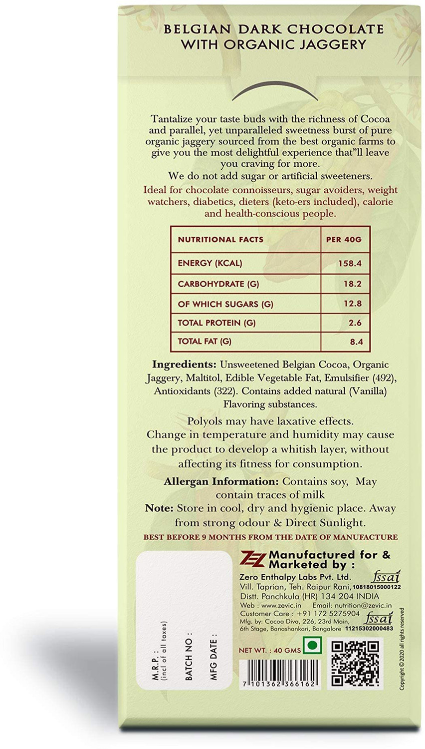 Image of Zevic Sugar Free Chocolate - Sweetened with Organic Jaggery (Rich in Nutrients) 40 gm (Pack of 9) Bar (9 x 40 g)