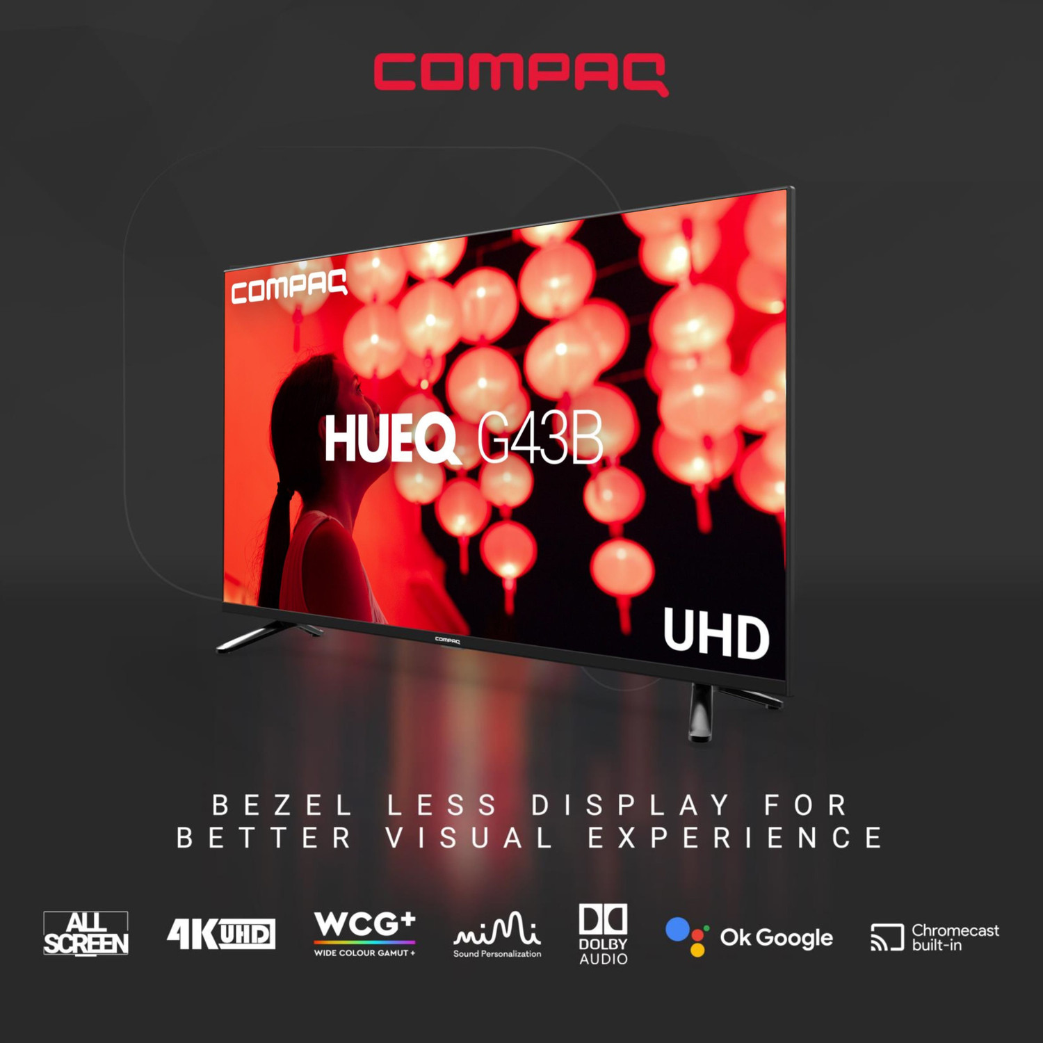 Image of Compaq HUEQ G43B 108 cm (43 inch) Ultra HD (4K) LED Smart Android TV with 2 GB RAM, Mimi Sound Personalisation, Google Assistant