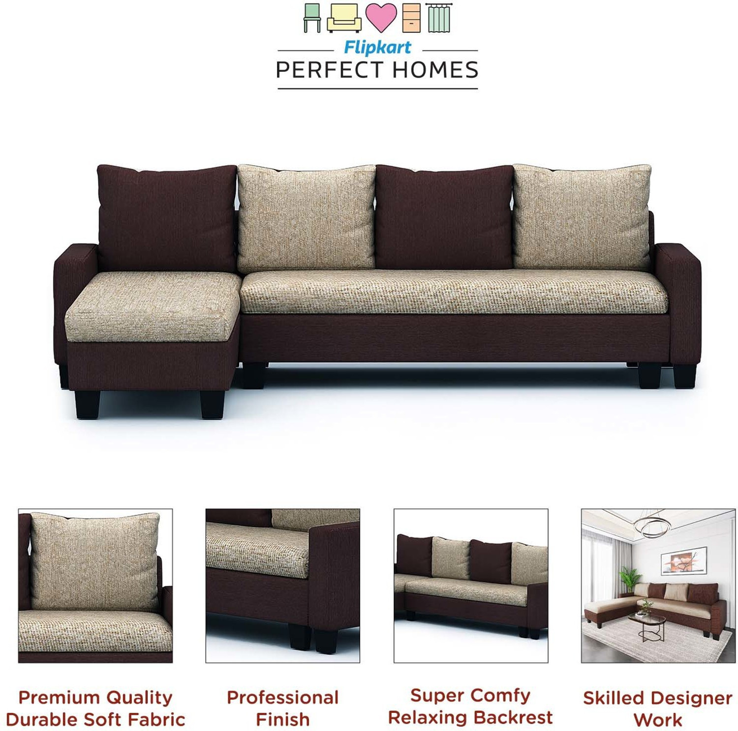 Image of Flipkart Perfect Homes Porto L Shape Fabric 6 Seater Sofa