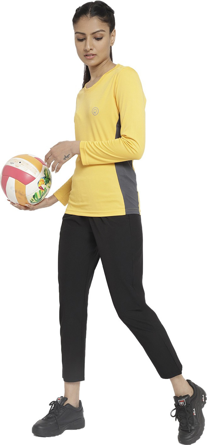 Image of CHKOKKO Women Solid Round Neck Polyester Yellow T-Shirt