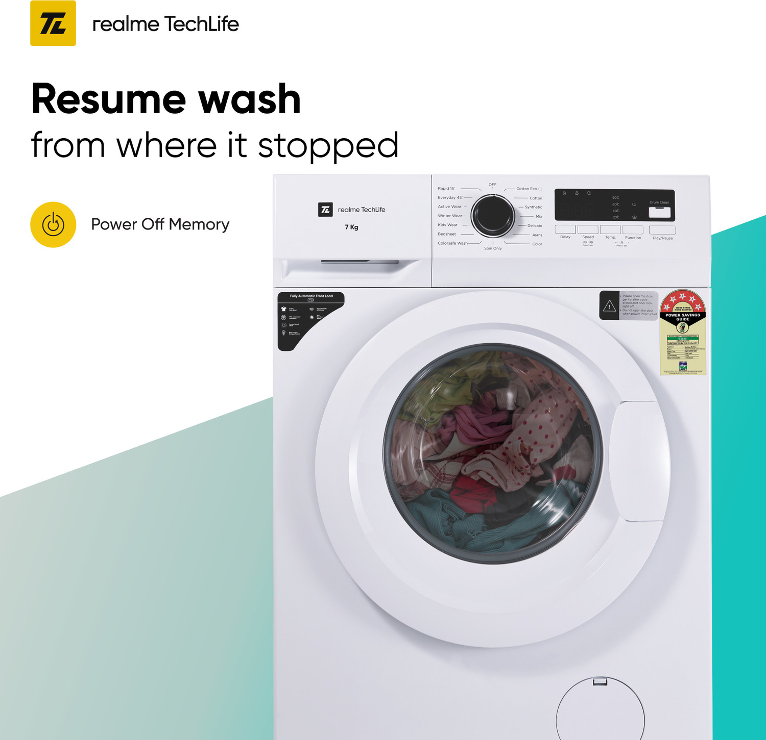 Image of realme TechLife 7 kg Garment Sterilization, 5 Star Fully Automatic Front Load Washing Machine with In-built Heater White