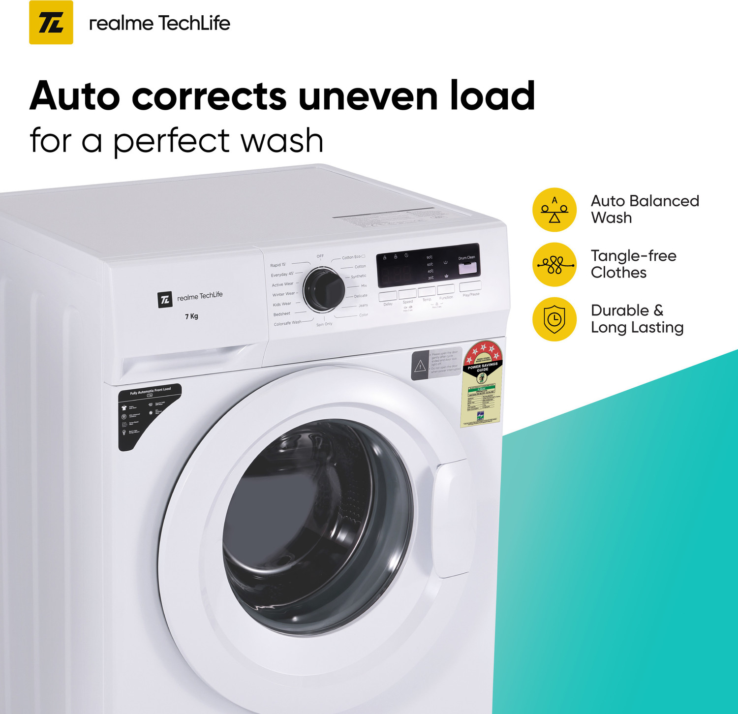 Image of realme TechLife 7 kg Garment Sterilization, 5 Star Fully Automatic Front Load Washing Machine with In-built Heater White