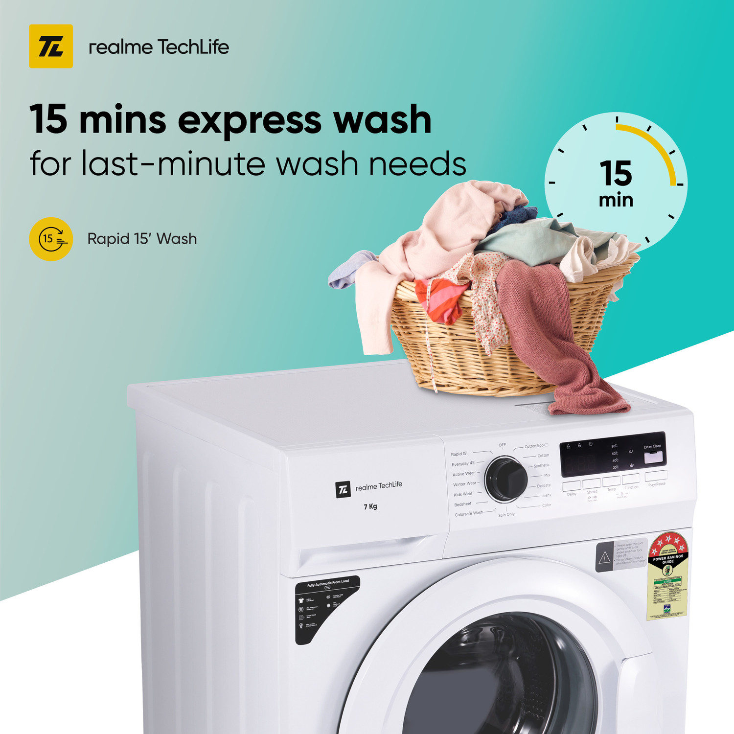 Image of realme TechLife 7 kg Garment Sterilization, 5 Star Fully Automatic Front Load Washing Machine with In-built Heater White