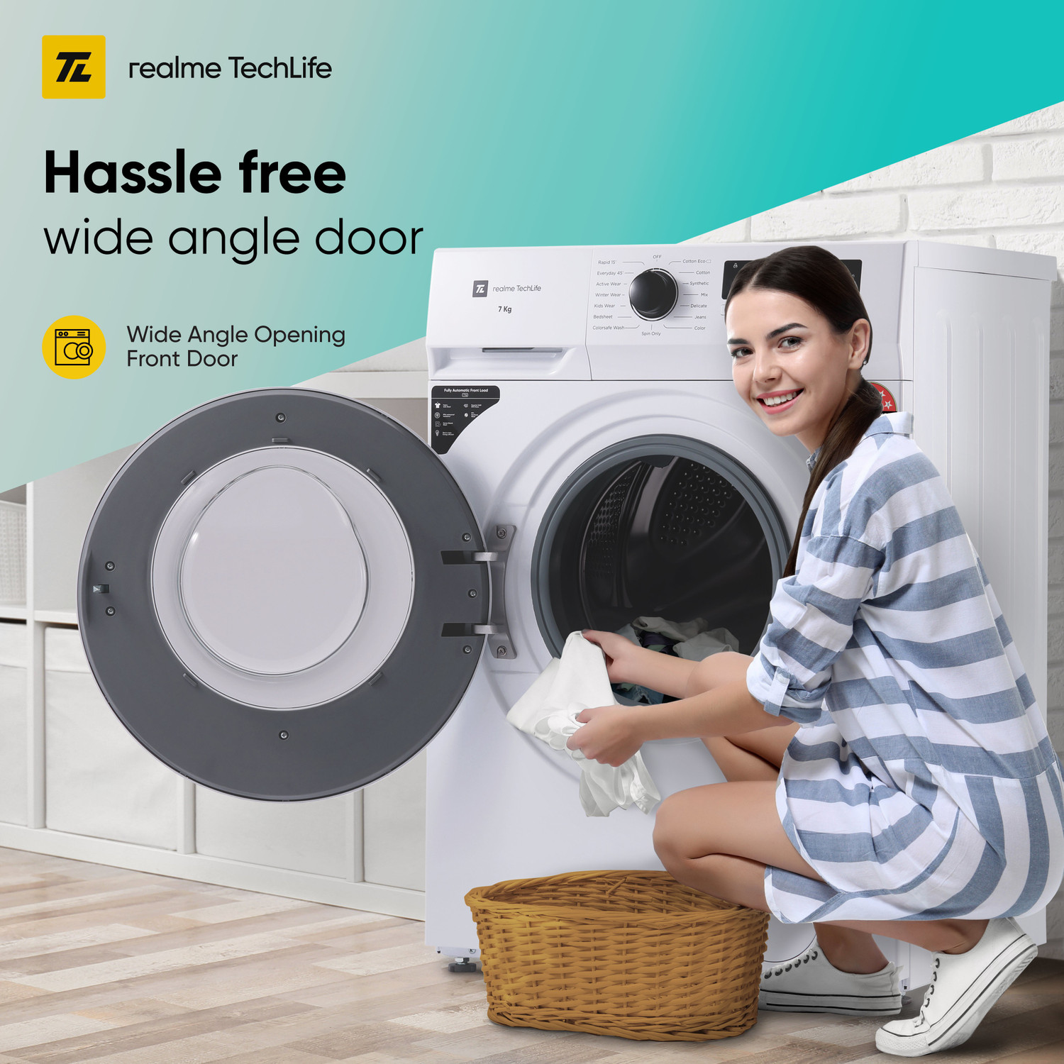 Image of realme TechLife 7 kg Garment Sterilization, 5 Star Fully Automatic Front Load Washing Machine with In-built Heater White