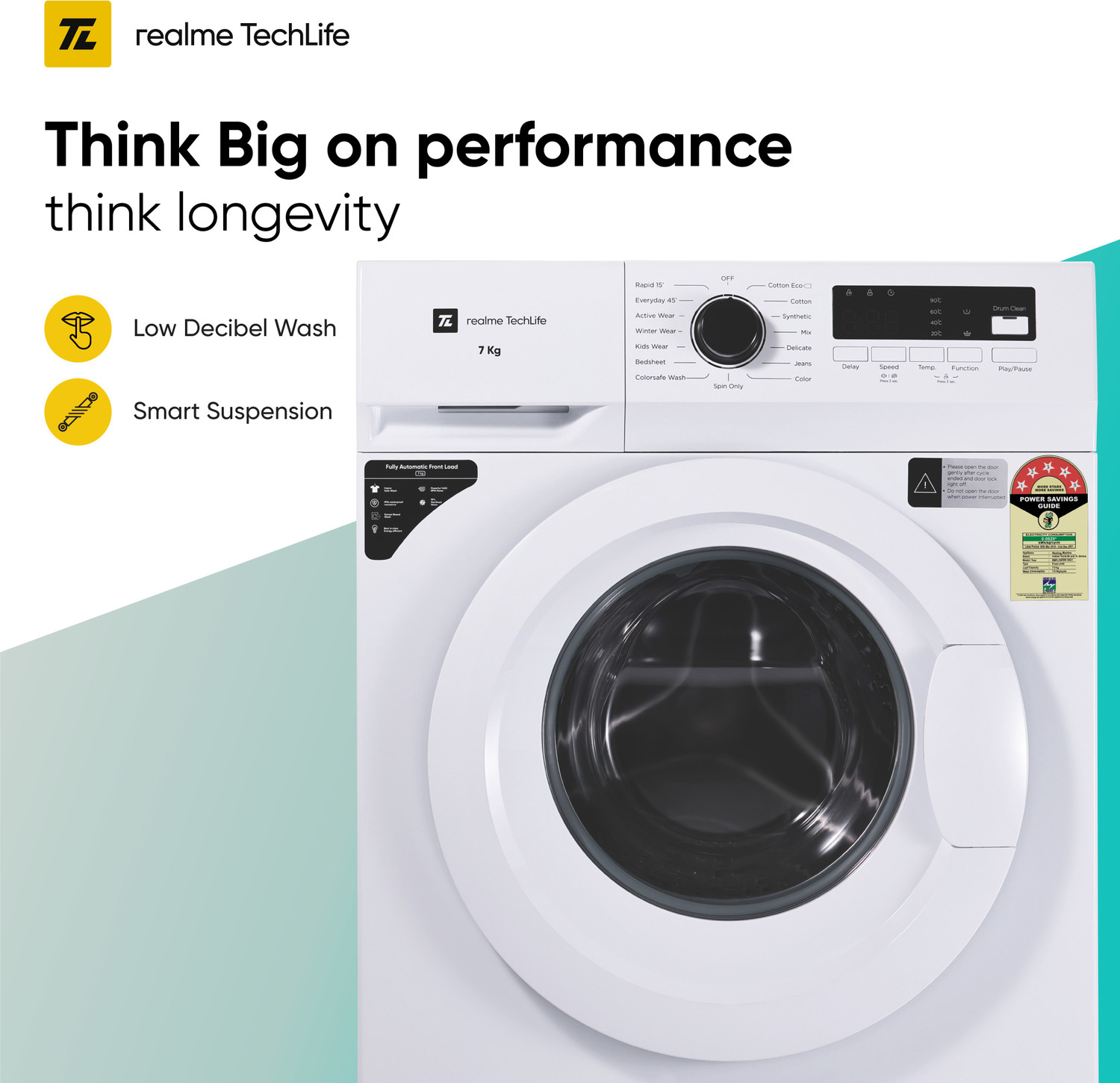 Image of realme TechLife 7 kg Garment Sterilization, 5 Star Fully Automatic Front Load Washing Machine with In-built Heater White