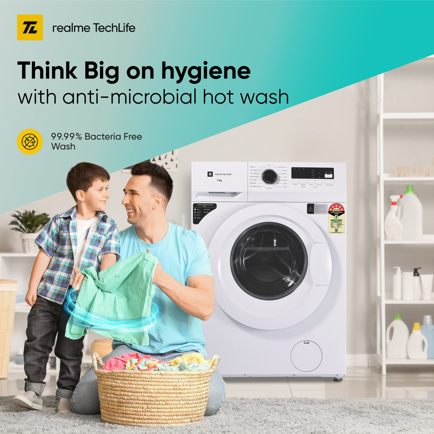 Image of realme TechLife 7 kg Garment Sterilization, 5 Star Fully Automatic Front Load Washing Machine with In-built Heater White