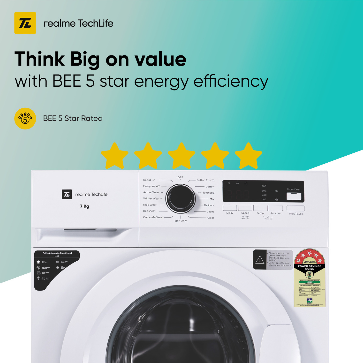 Image of realme TechLife 7 kg Garment Sterilization, 5 Star Fully Automatic Front Load Washing Machine with In-built Heater White