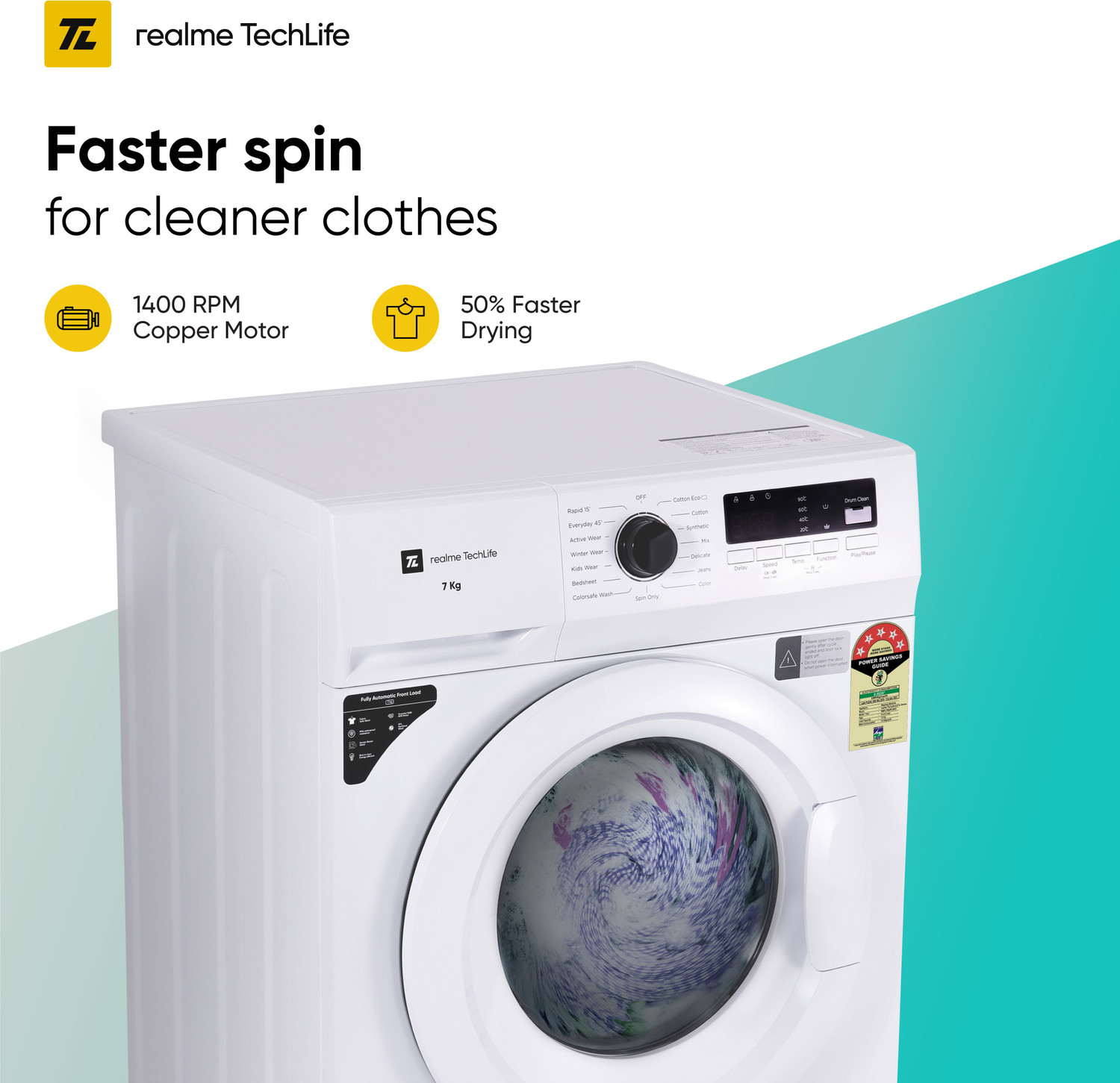 Image of realme TechLife 7 kg Garment Sterilization, 5 Star Fully Automatic Front Load Washing Machine with In-built Heater White