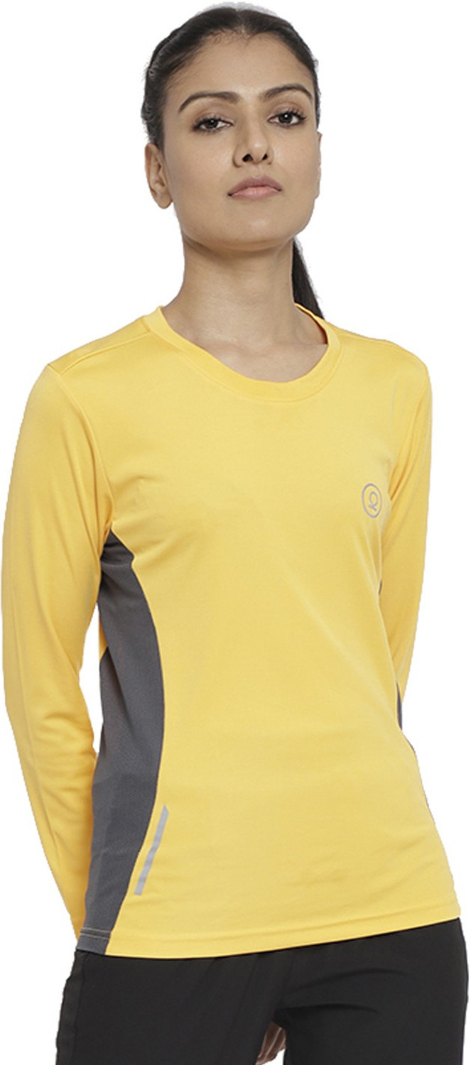 Image of CHKOKKO Women Solid Round Neck Polyester Yellow T-Shirt
