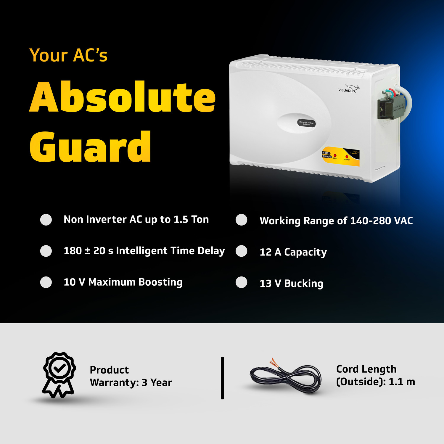 Image of V-Guard V 400 Supreme for 1.5 Ton A.C (170 to 280V) Voltage Stabilizer