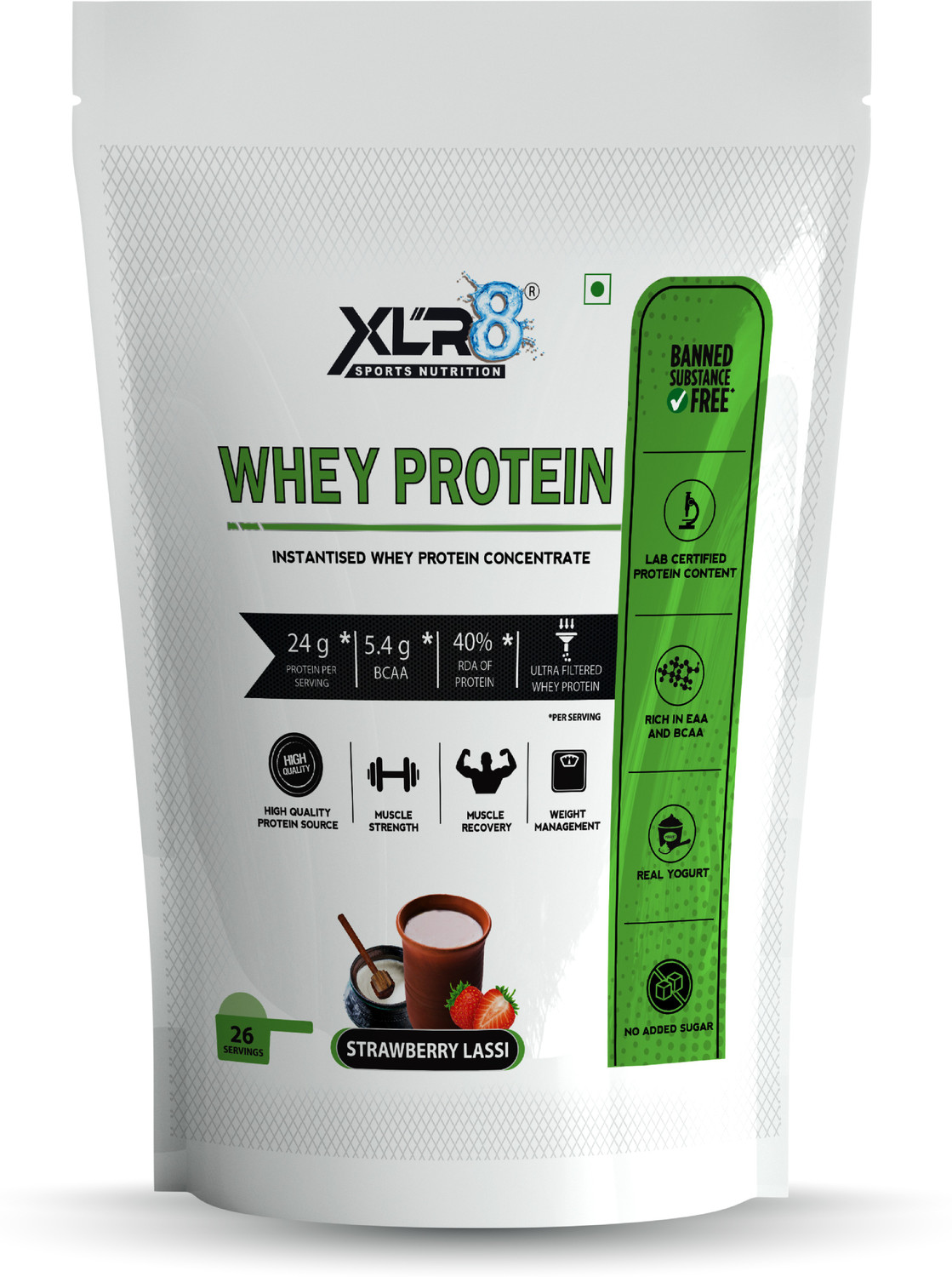 Image of XLR8 Whey Protein with 24 g protein, 5.4 g BCAA - 2 lbs / 908 g ( Strawberry Lassi ) Whey Protein