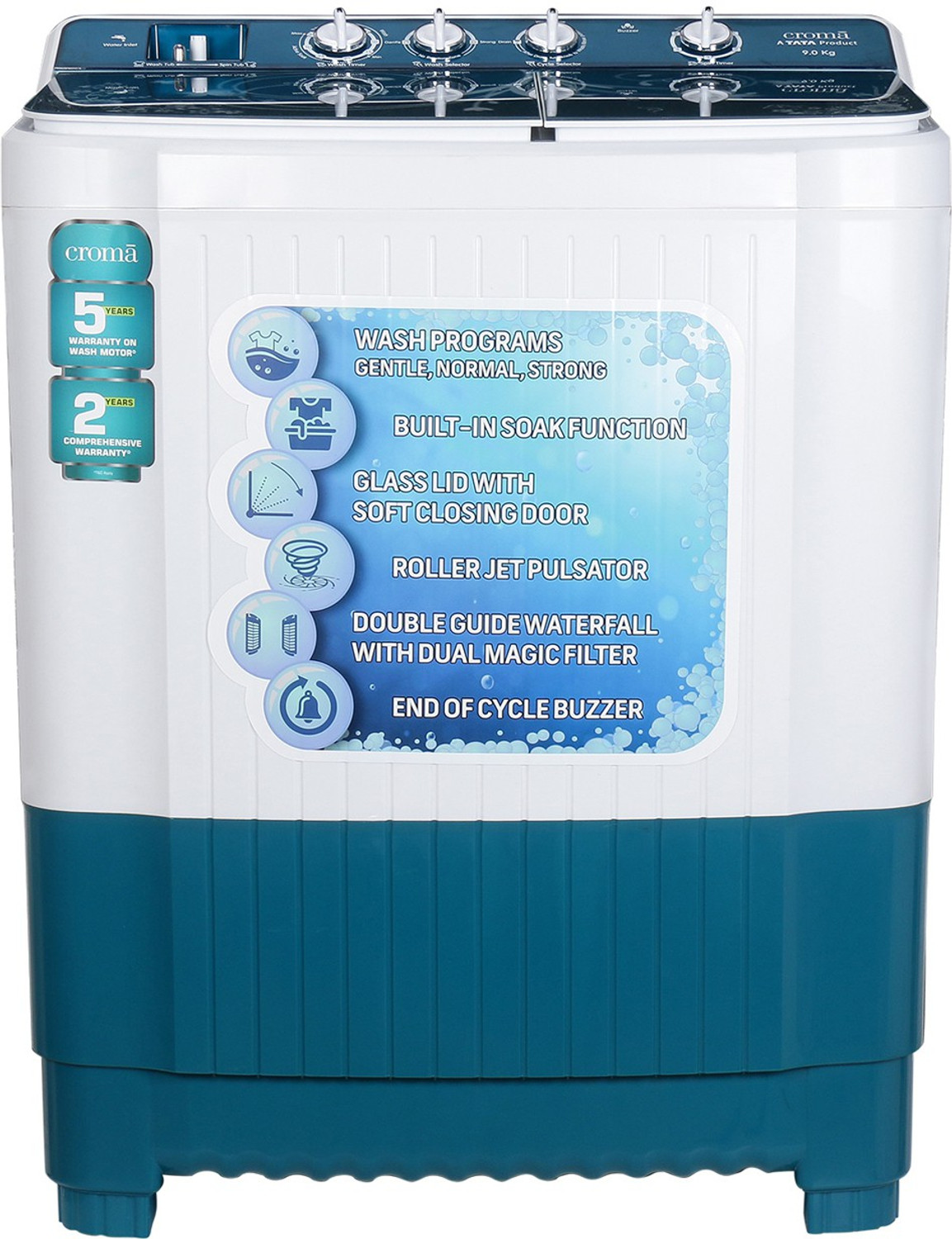 Image of Croma 9 kg Semi Automatic Top Load Washing Machine Blue, White