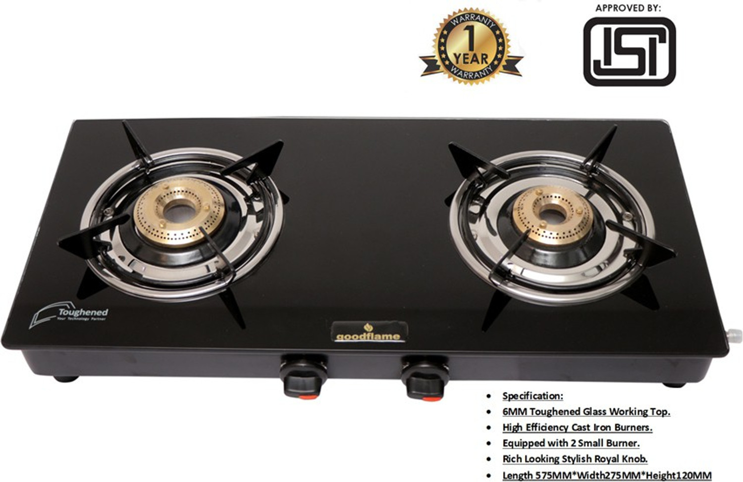 Image of goodflame 2 Burner MS ISI Quality Mark 2 Brass Burner gas stove Glass Manual Gas Stove