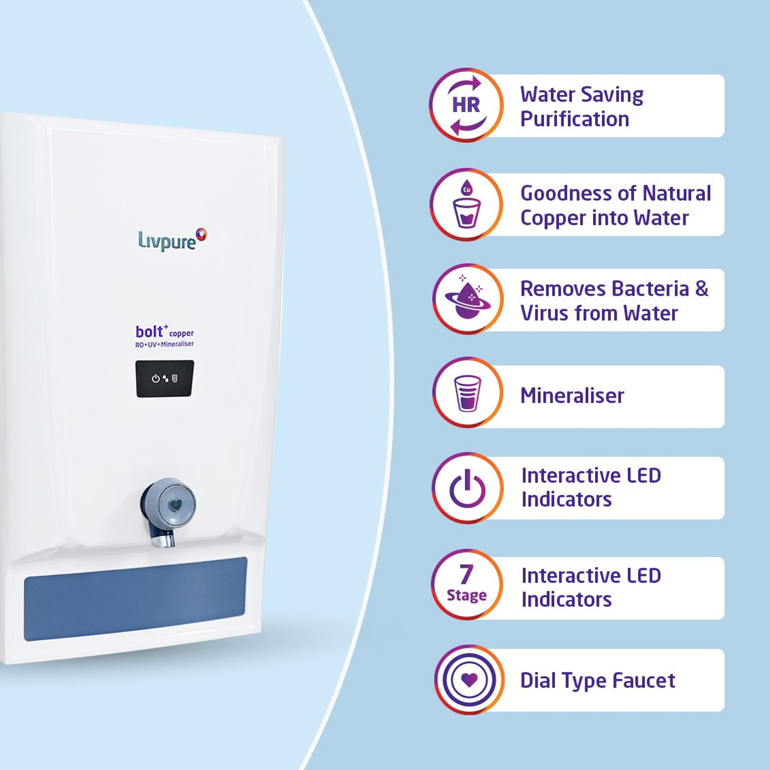 Image of LIVPURE LIV-BOLT+ COPPER(RO+UV+MIN) 7 L RO + UV + Mineraliser Water Purifier 7 STAGE ADVANCED PURIFICATION WITH HR TECHNOLOGY | SUITABLE FOR ALL - BOREWELL, TANKER, MUNICIPALITY WATER