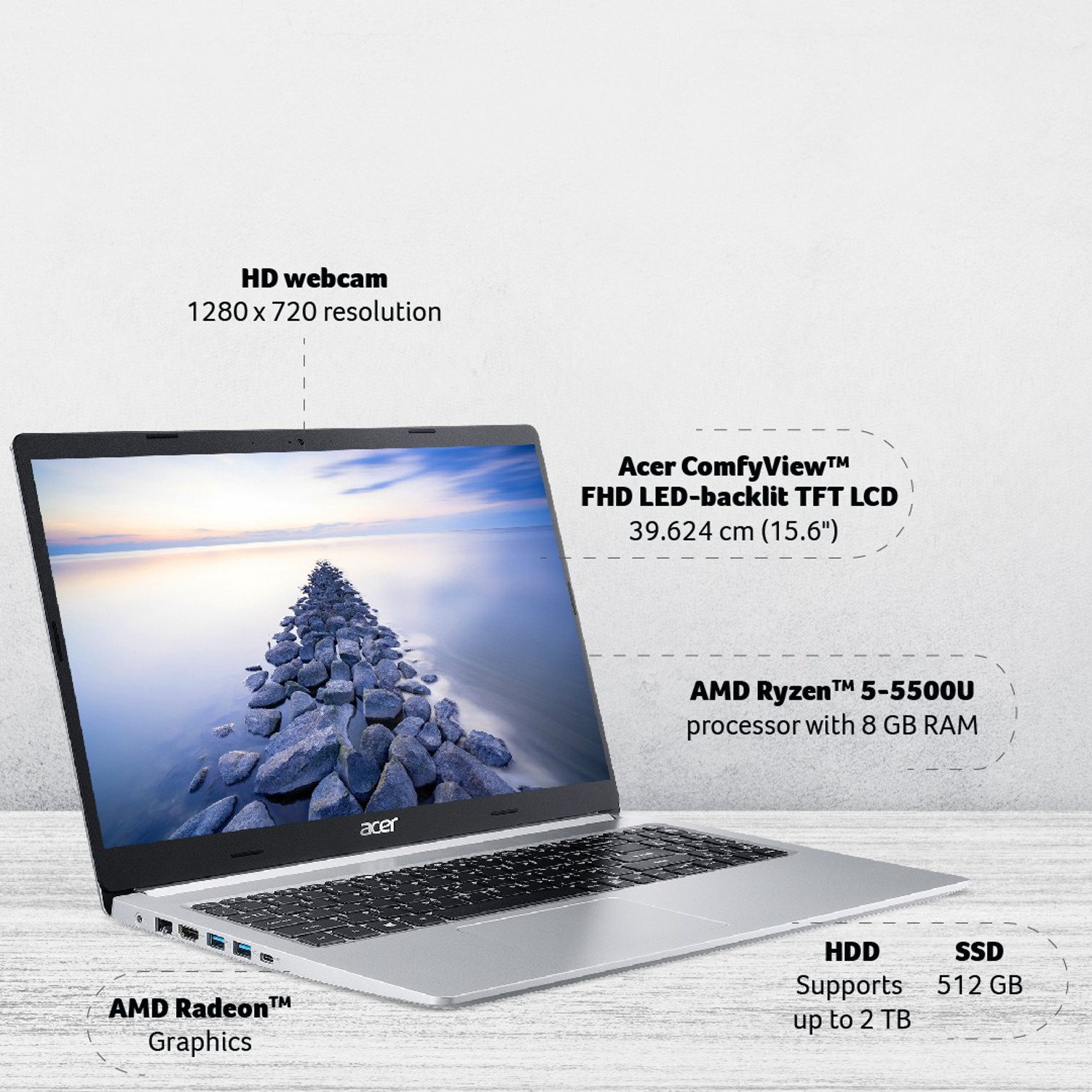 Image of Acer Aspire 5 AMD Ryzen 5 Hexa Core 5500U - (8 GB /512 GB SSD /Windows 11 Home) A515-45 Thin and Light Laptop
