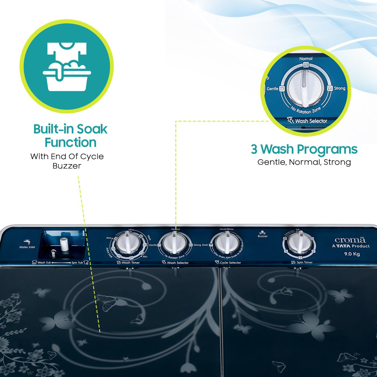 Image of Croma 9 kg Semi Automatic Top Load Washing Machine Blue, White