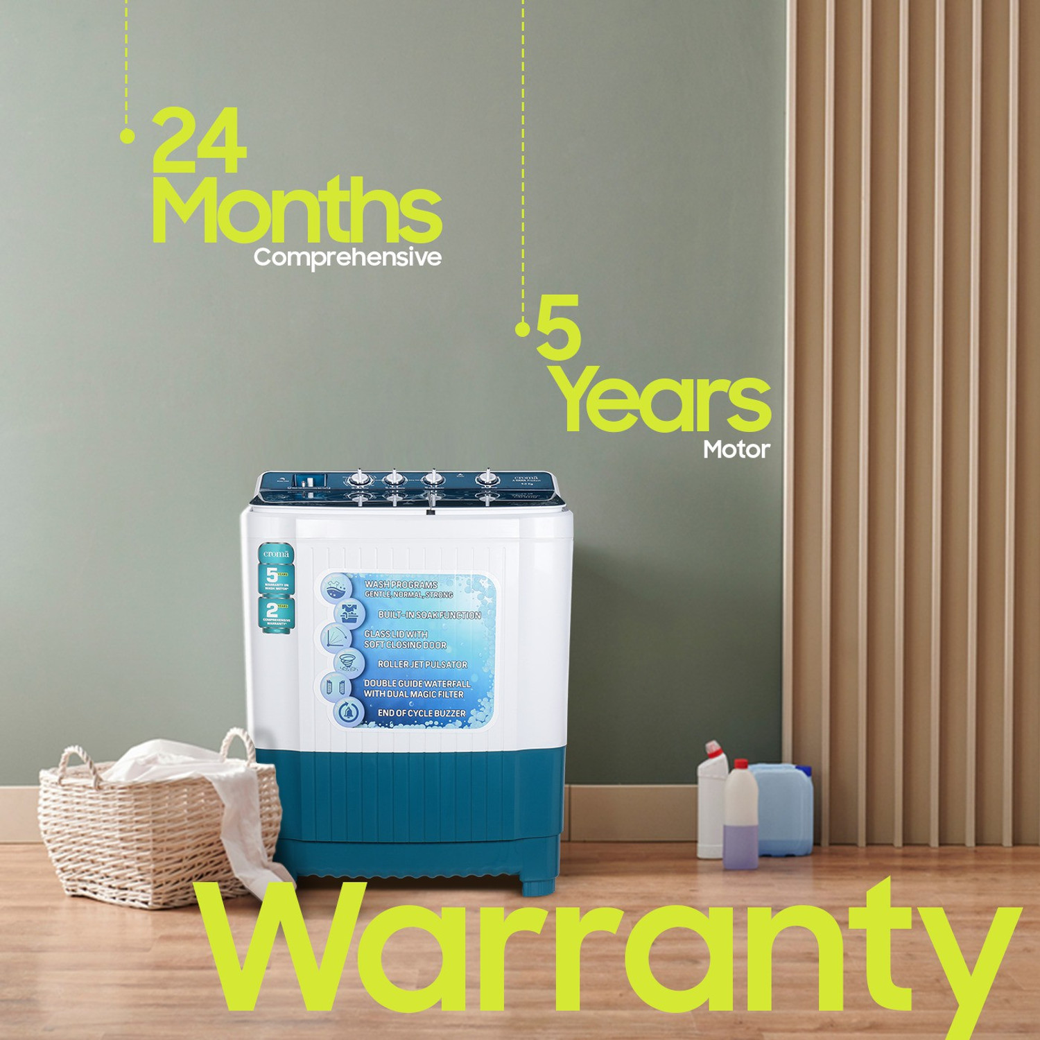 Image of Croma 9 kg Semi Automatic Top Load Washing Machine Blue, White