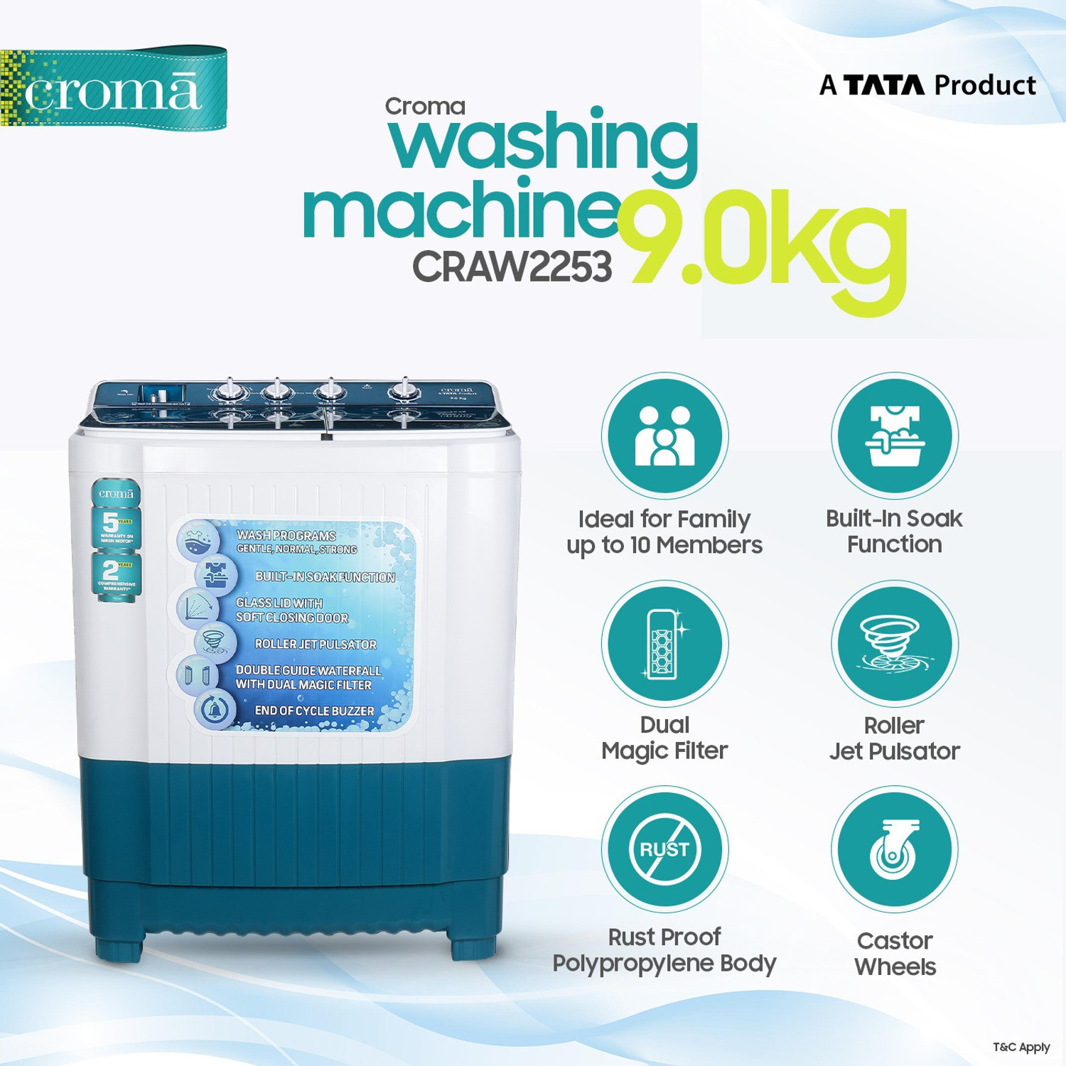 Image of Croma 9 kg Semi Automatic Top Load Washing Machine Blue, White