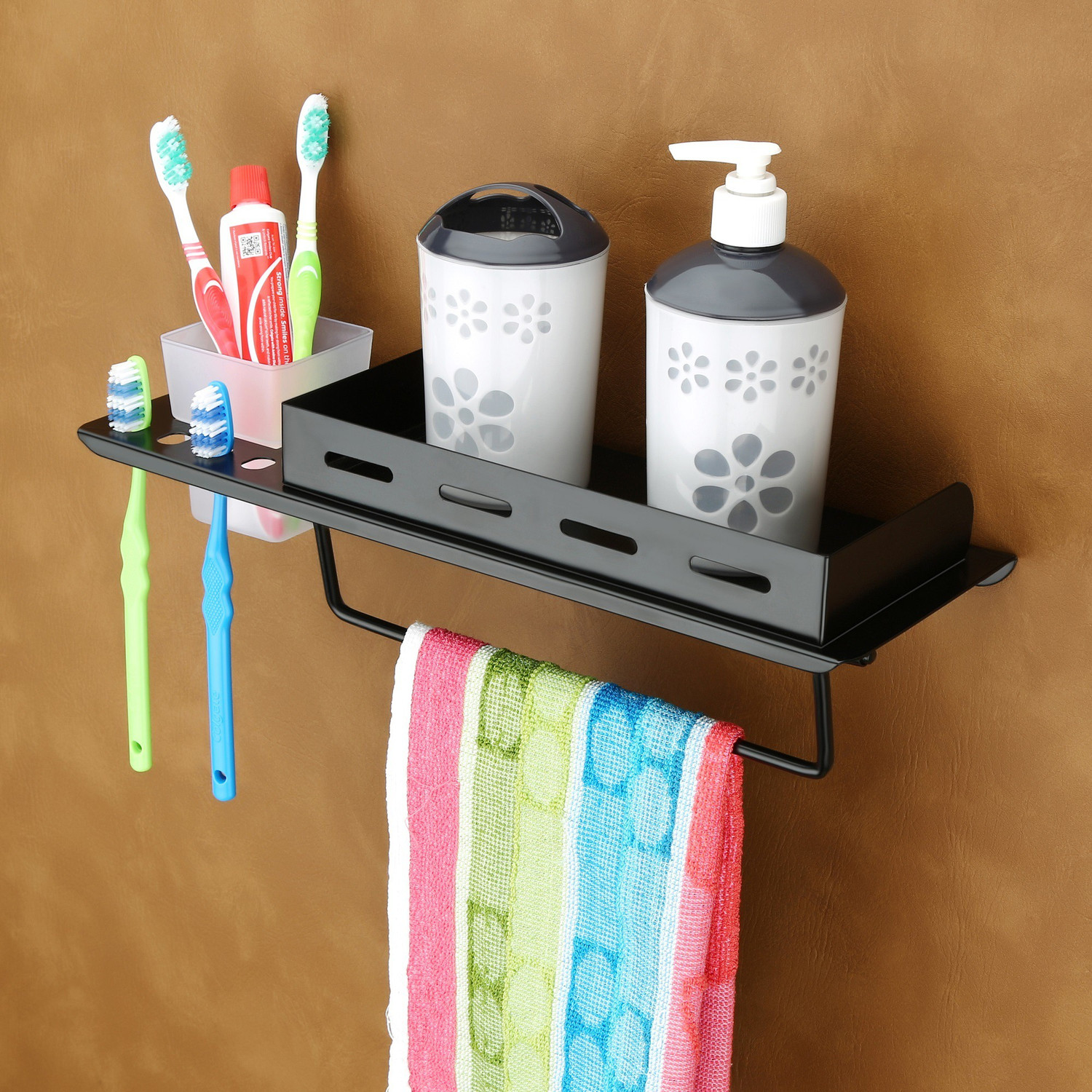 Image of Smartslide 3 in 1 Multipurpose Bathroom Shelf /Towel Bar /Towel Hanger /Tumbler Holder Iron Wall Shelf (Number of Shelves - 1, Brown)