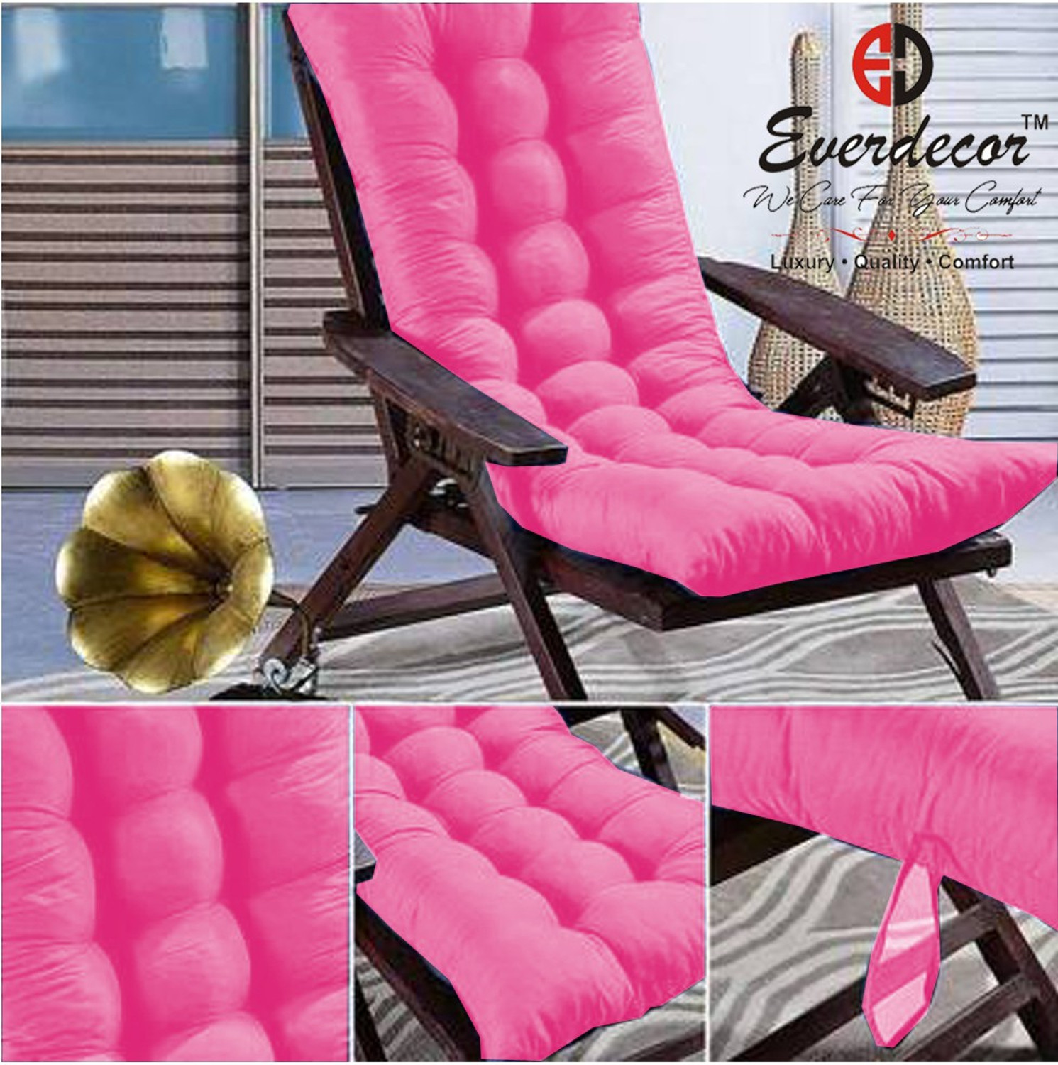 Image of EVERDECOR Polyester Fibre Chair Pad Pack of 1 Solid Rocking Chairpad Cushion (Pink)