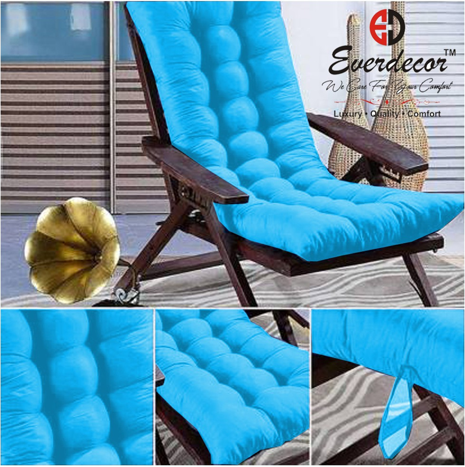 Image of EVERDECOR Polyester Fibre Chair Pad Pack of 1 Solid Rocking Chairpad Cushion (Turquoise)