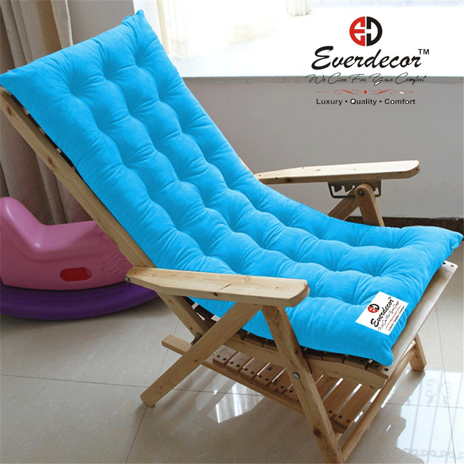 Image of EVERDECOR Polyester Fibre Chair Pad Pack of 1 Solid Rocking Chairpad Cushion (Turquoise)