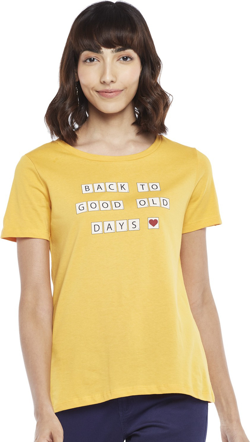 Honey By Pantaloons Printed Women Round Neck Yellow T Shirt