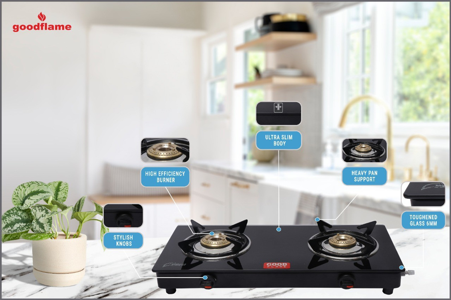 Image of goodflame 2 Burner MS ISI Quality Mark 2 Brass Burner gas stove Glass Manual Gas Stove