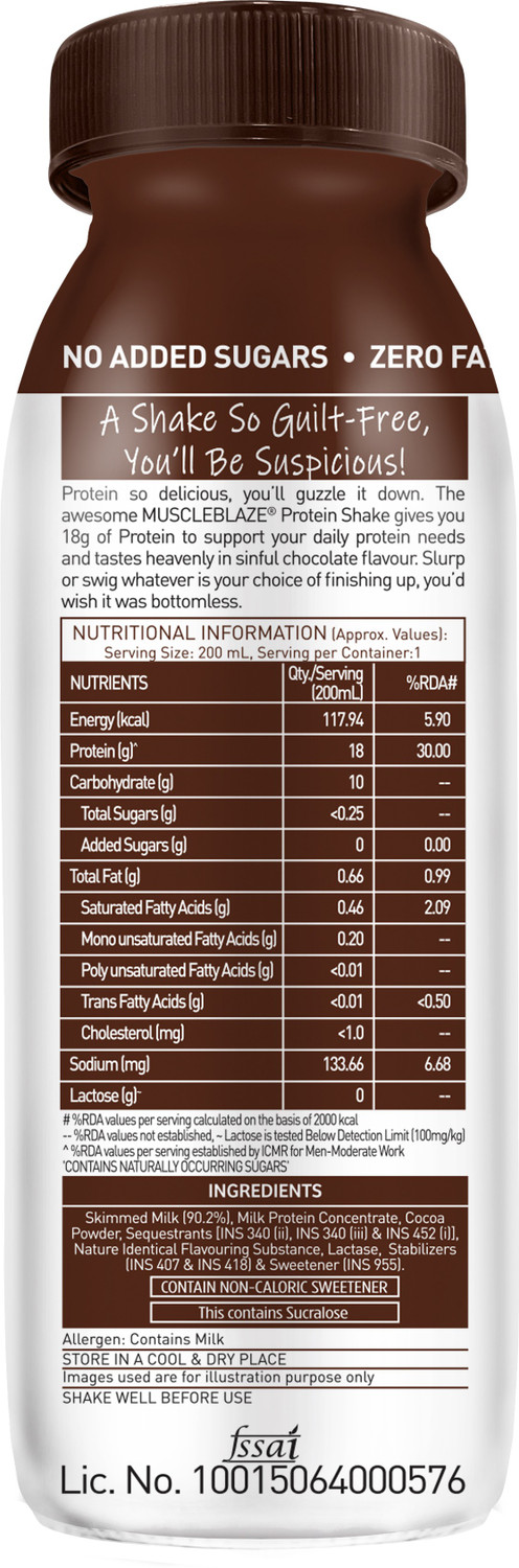 Image of MUSCLEBLAZE 18 g Protein Shake, No Added Sugar, Chocolate, Pack of 6 (200 ml each) Protein Shake