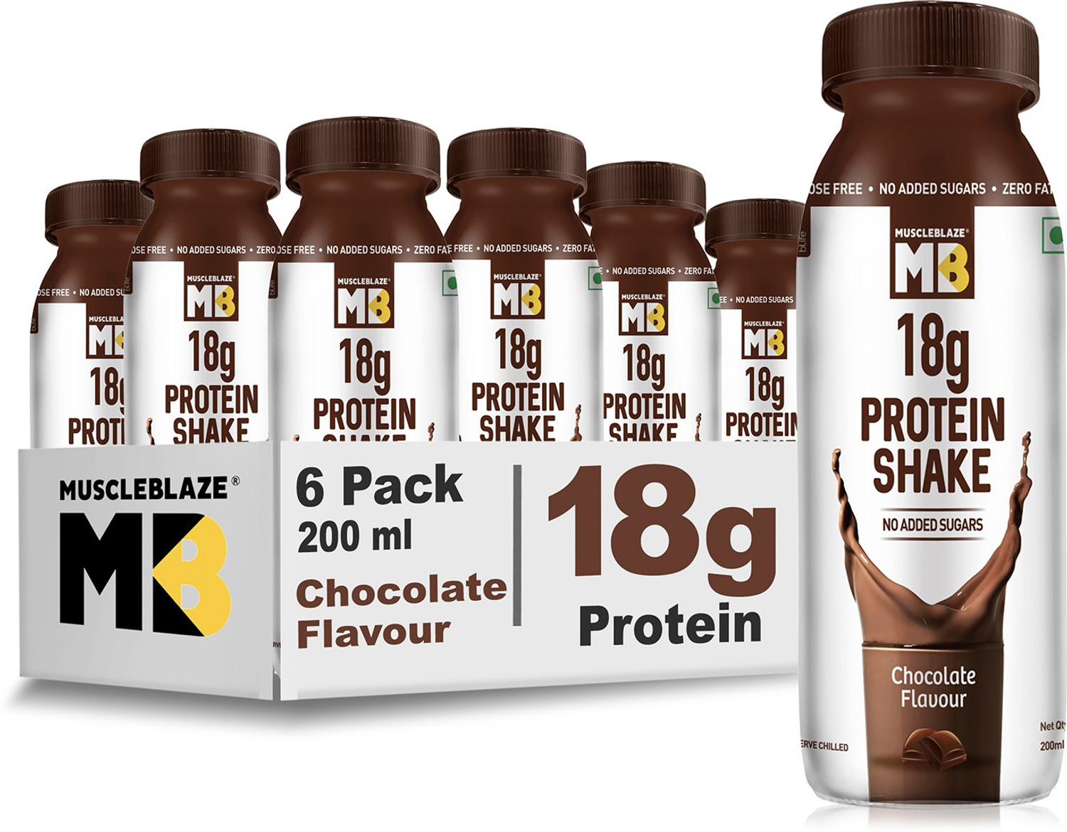 Image of MUSCLEBLAZE 18 g Protein Shake, No Added Sugar, Chocolate, Pack of 6 (200 ml each) Protein Shake