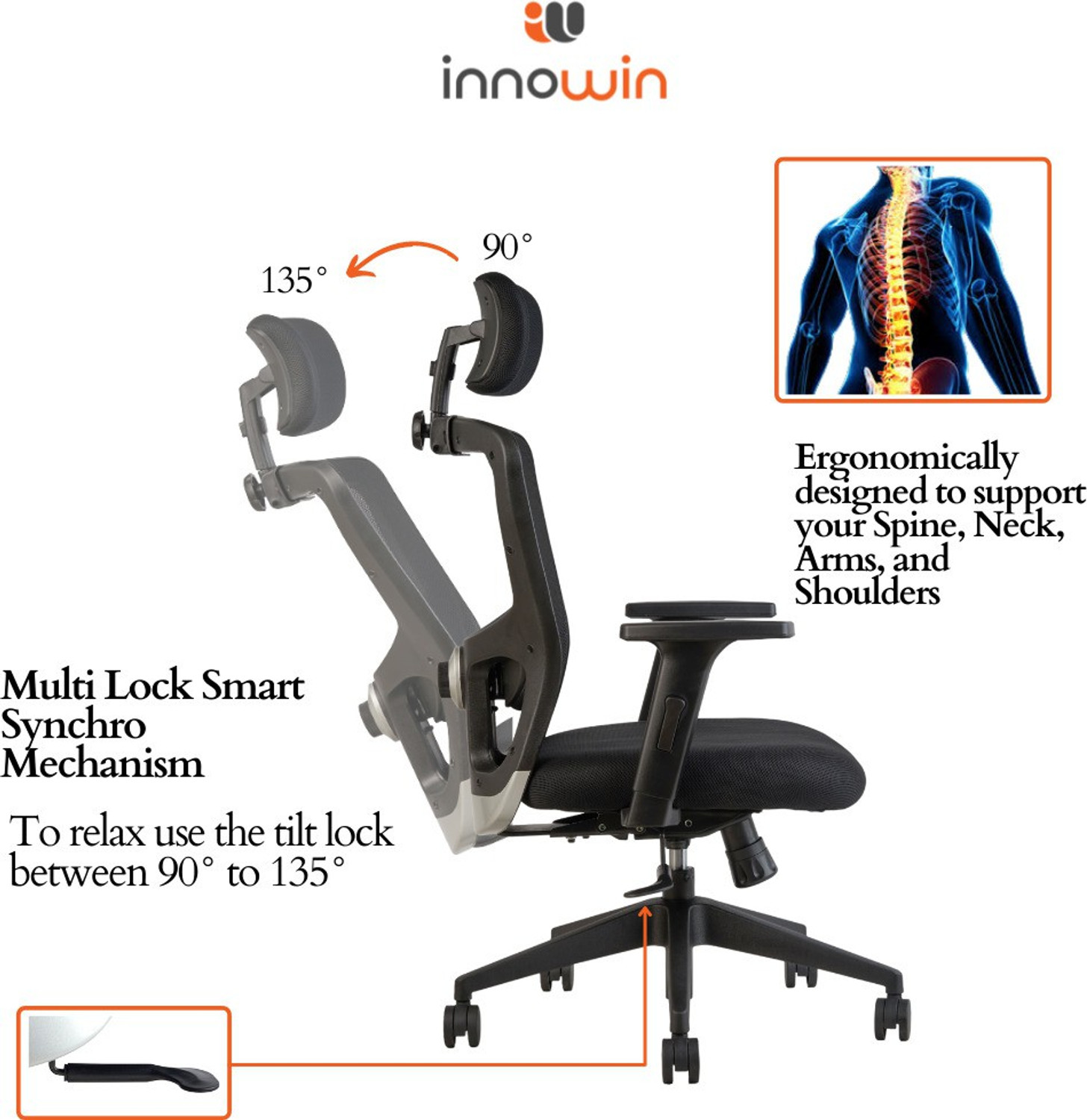 Image of INNOWIN Jazz High Back Ergonomic office chair with 4 way adjustable Headrest Mesh Office Adjustable Arm Chair