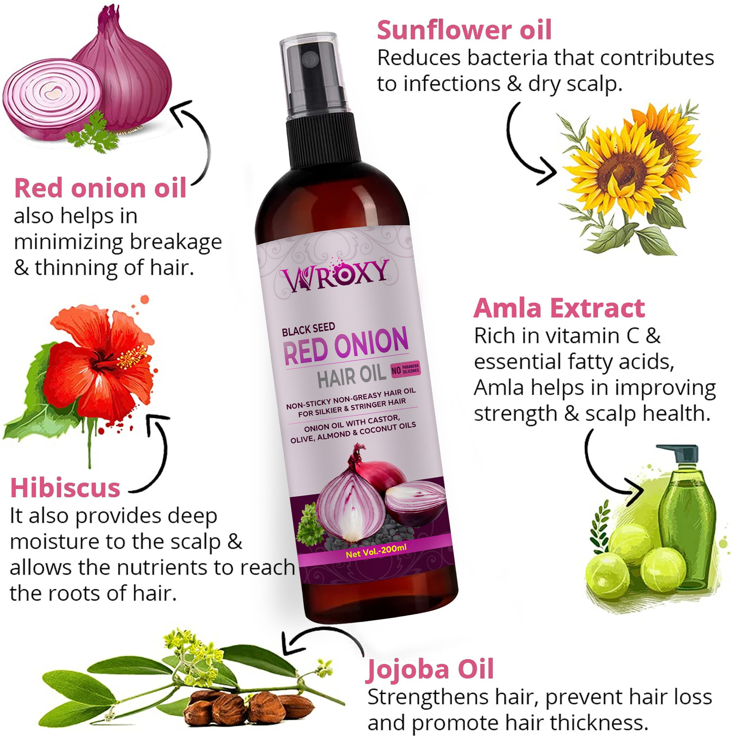 Image of Wroxy Red Onion Black Seed Oil For Hair Growth With Controls Hair Fall And Dandruff Hair Oil