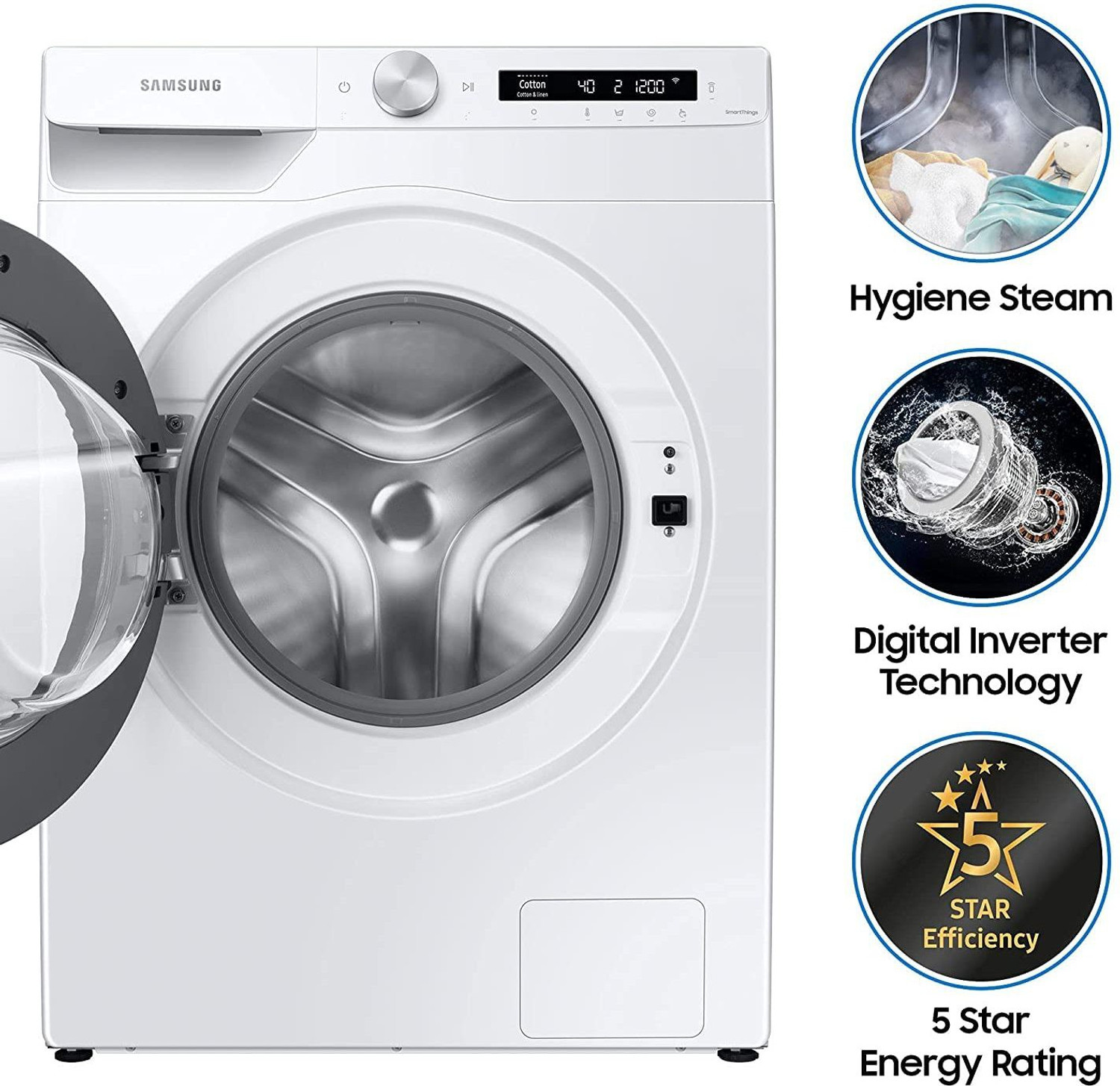 Image of Samsung 7 kg 5 Star, AI, Wi-Fi, Digital Inverter, Digital Inverter Fully Automatic Front Load Washing Machine with In-built Heater White