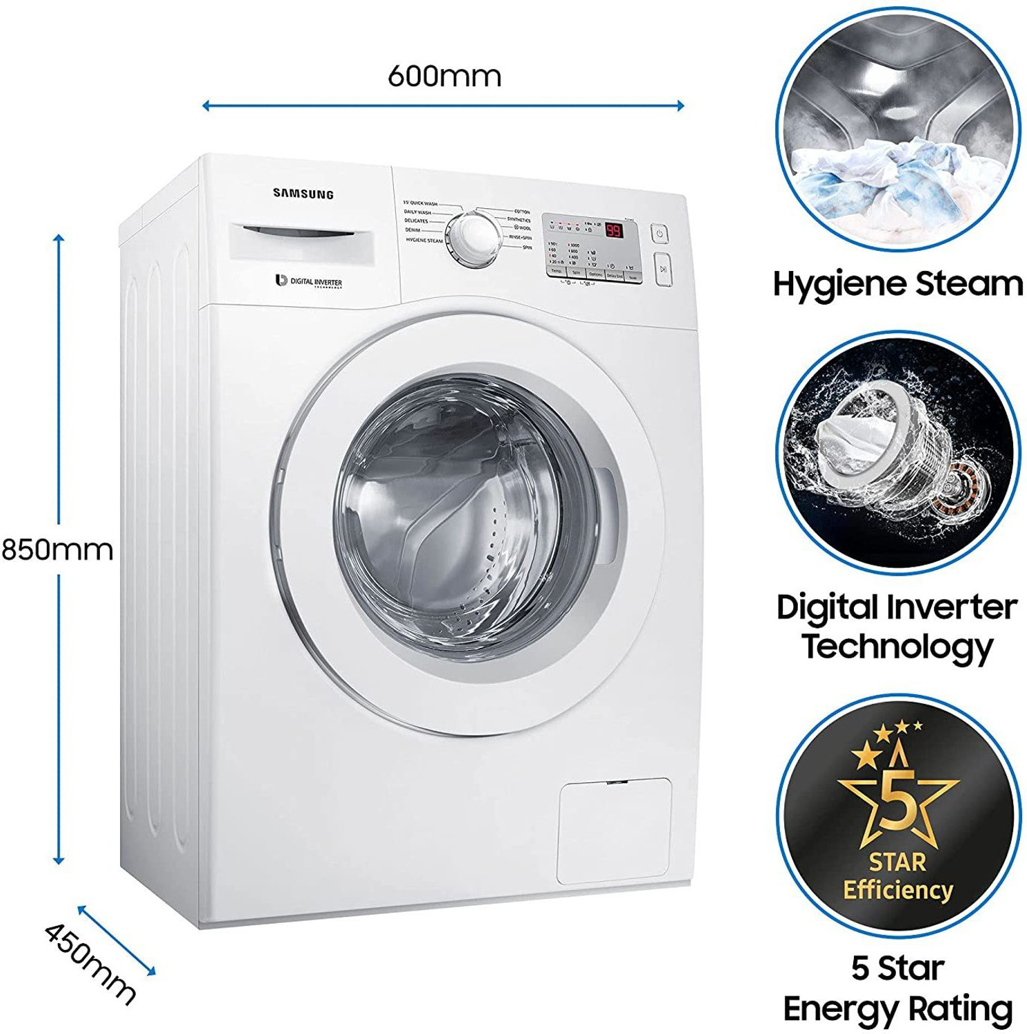 Image of Samsung 6 kg Inverter 5 Star Hygiene Steam Fully Automatic Front Load Washing Machine with In-built Heater White